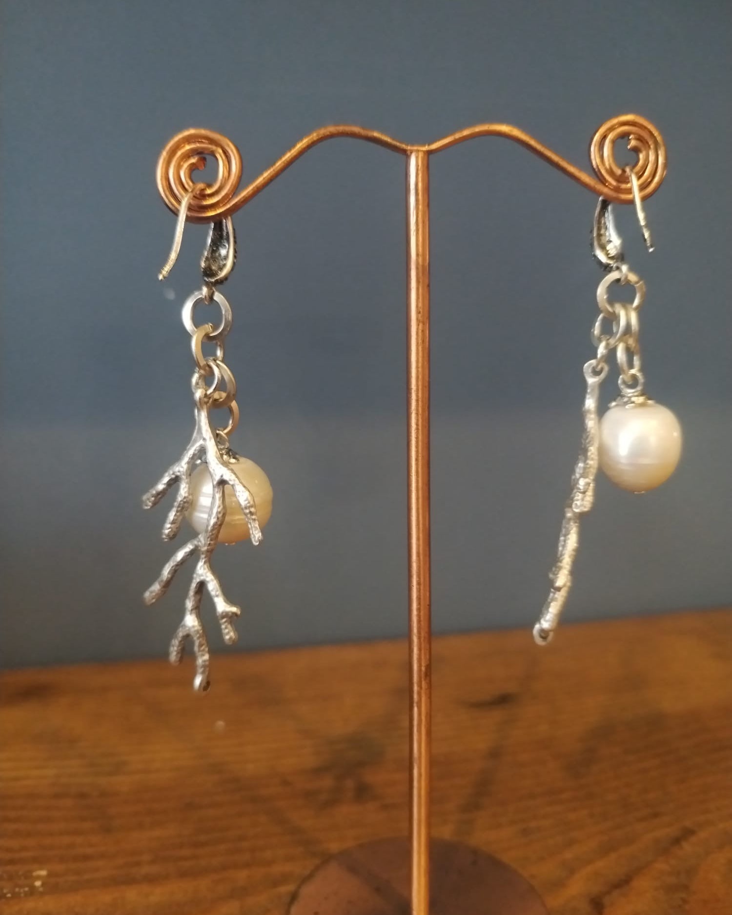 Freshwater Pearl Earrings With Silver Coral Charms