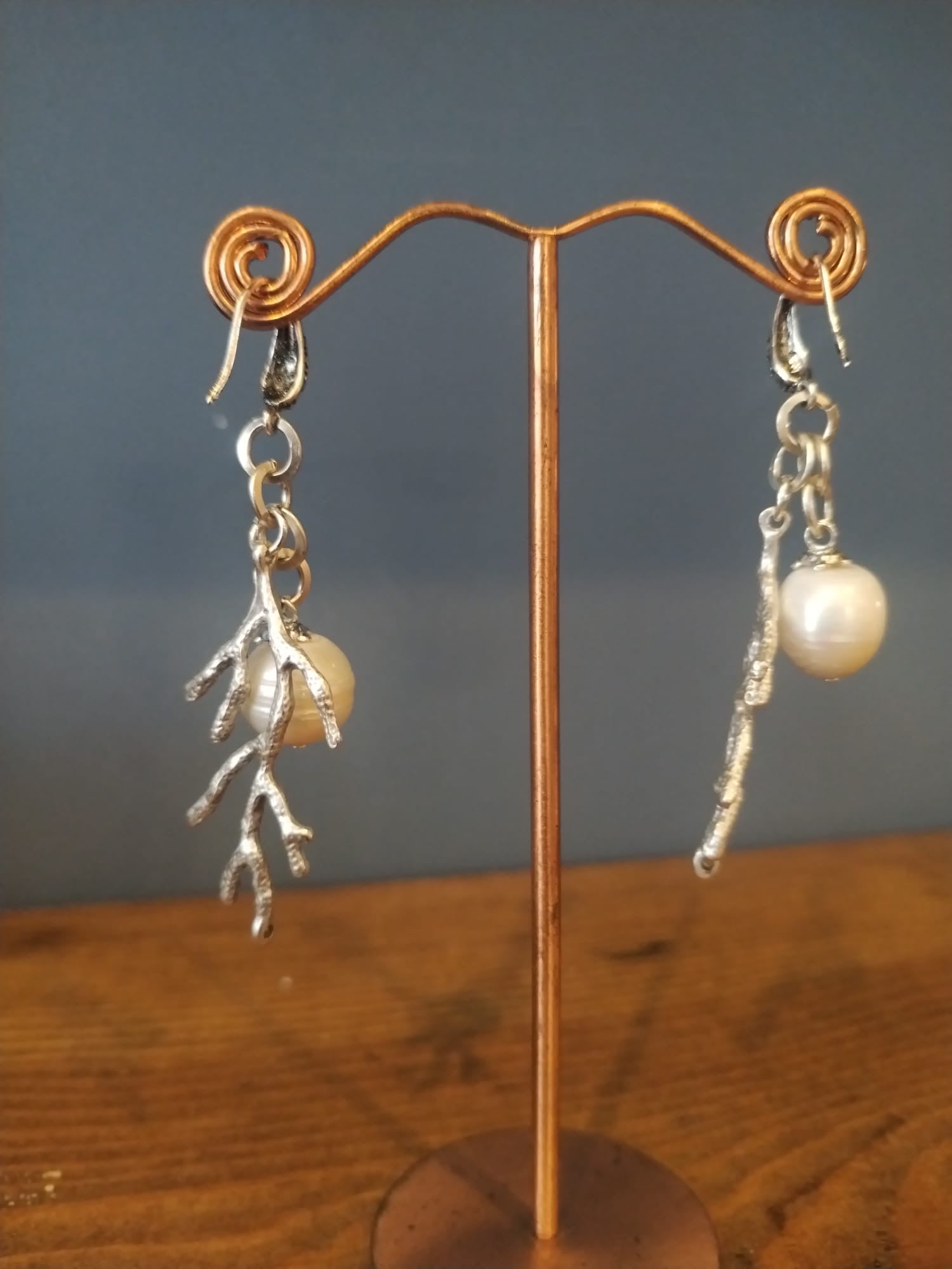 Freshwater Pearl Earrings With Silver Coral Charms
