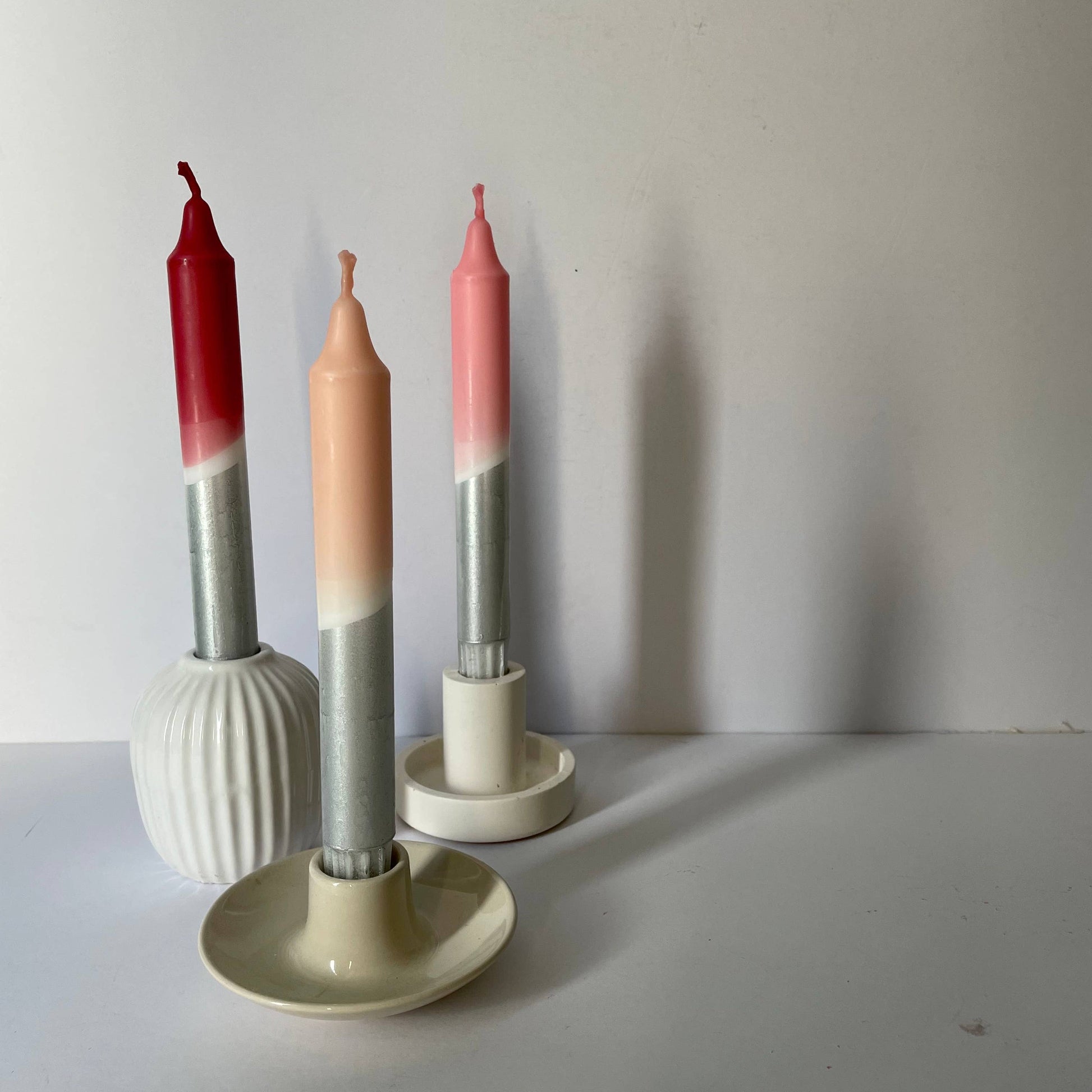 Sherbert Pink & Silver Dip Dyed Dinner Candles