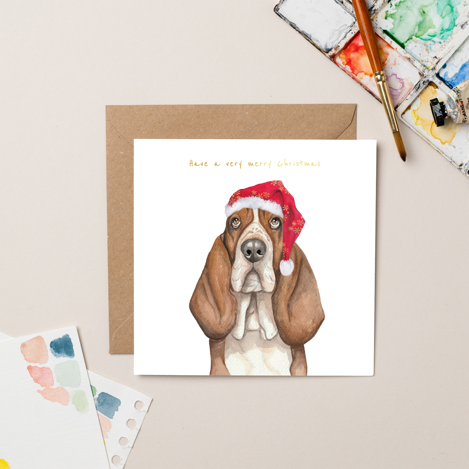 Basset Hound Christmas Card with Santa Hat by Lil Wabbit