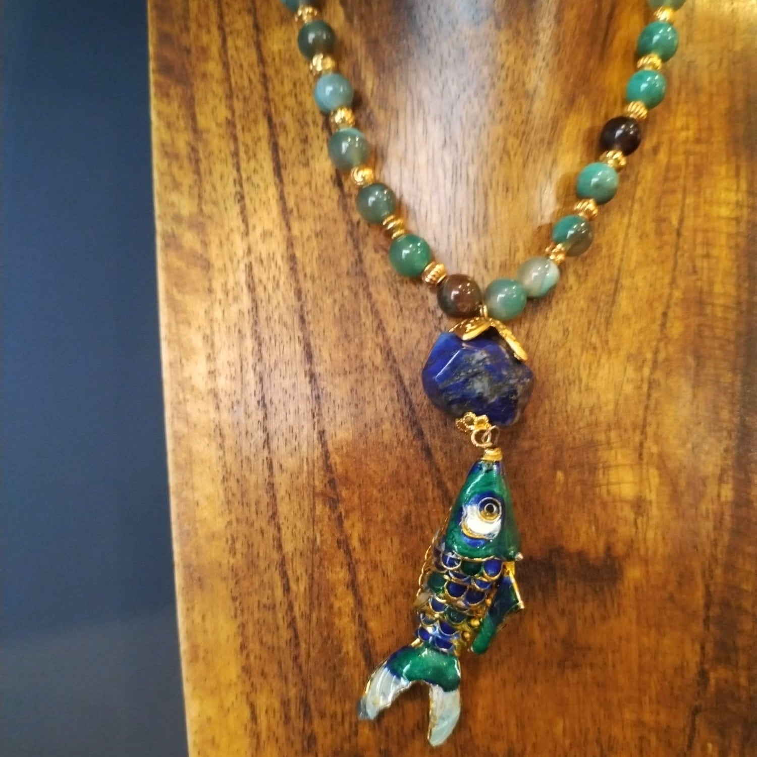 Long Lapis And Agate Bead Necklace With Enamel Fish Charm