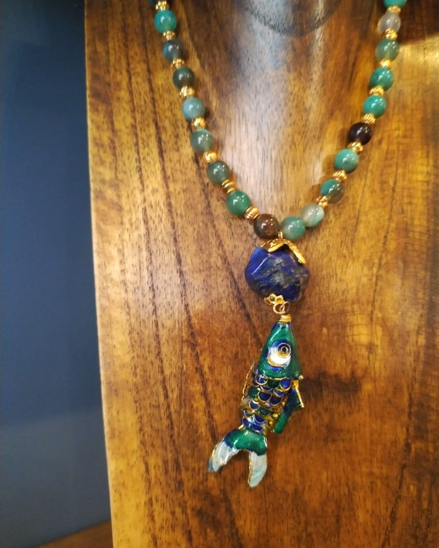 Long Lapis And Agate Bead Necklace With Enamel Fish Charm