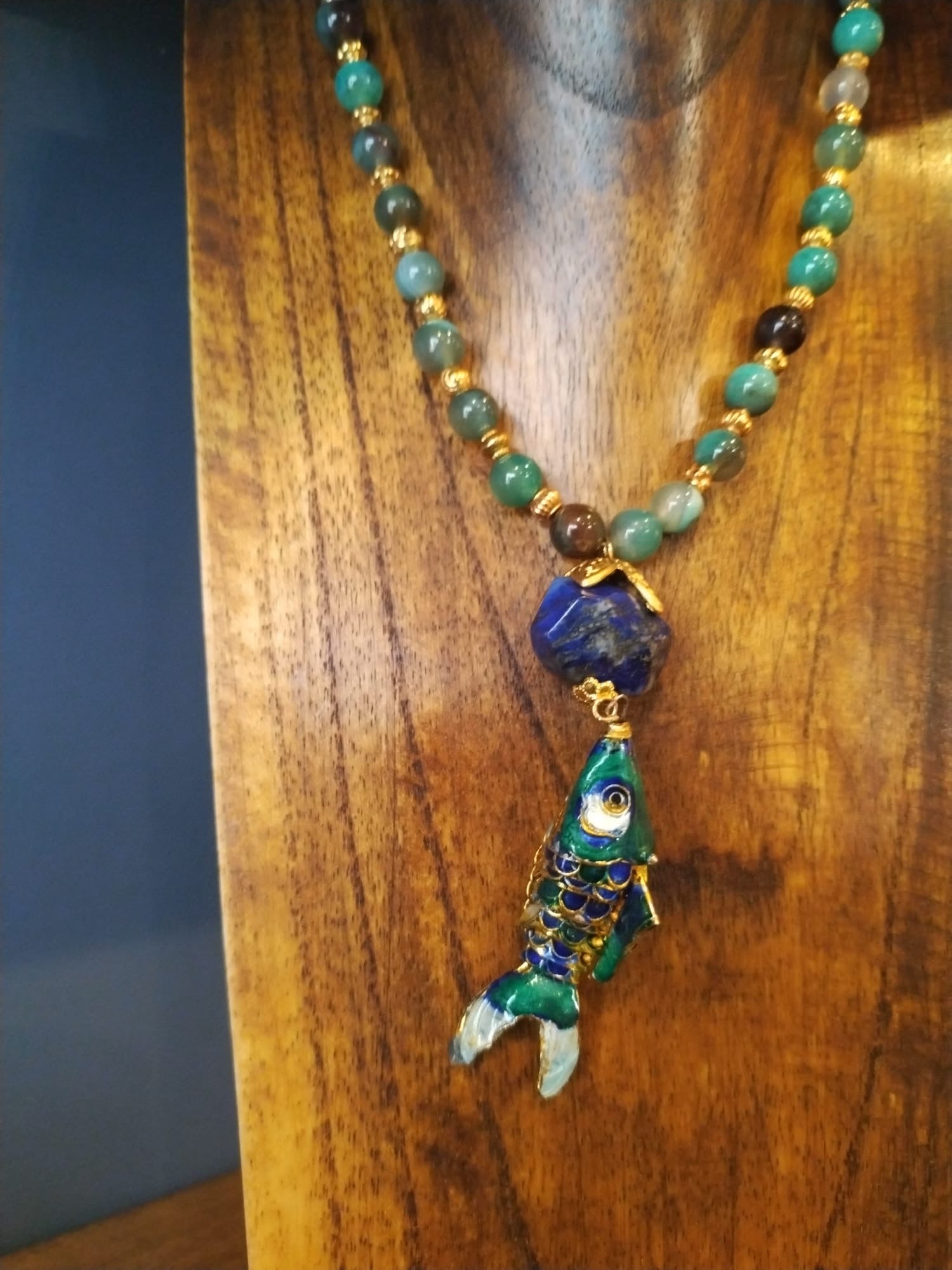 Long Lapis And Agate Bead Necklace With Enamel Fish Charm