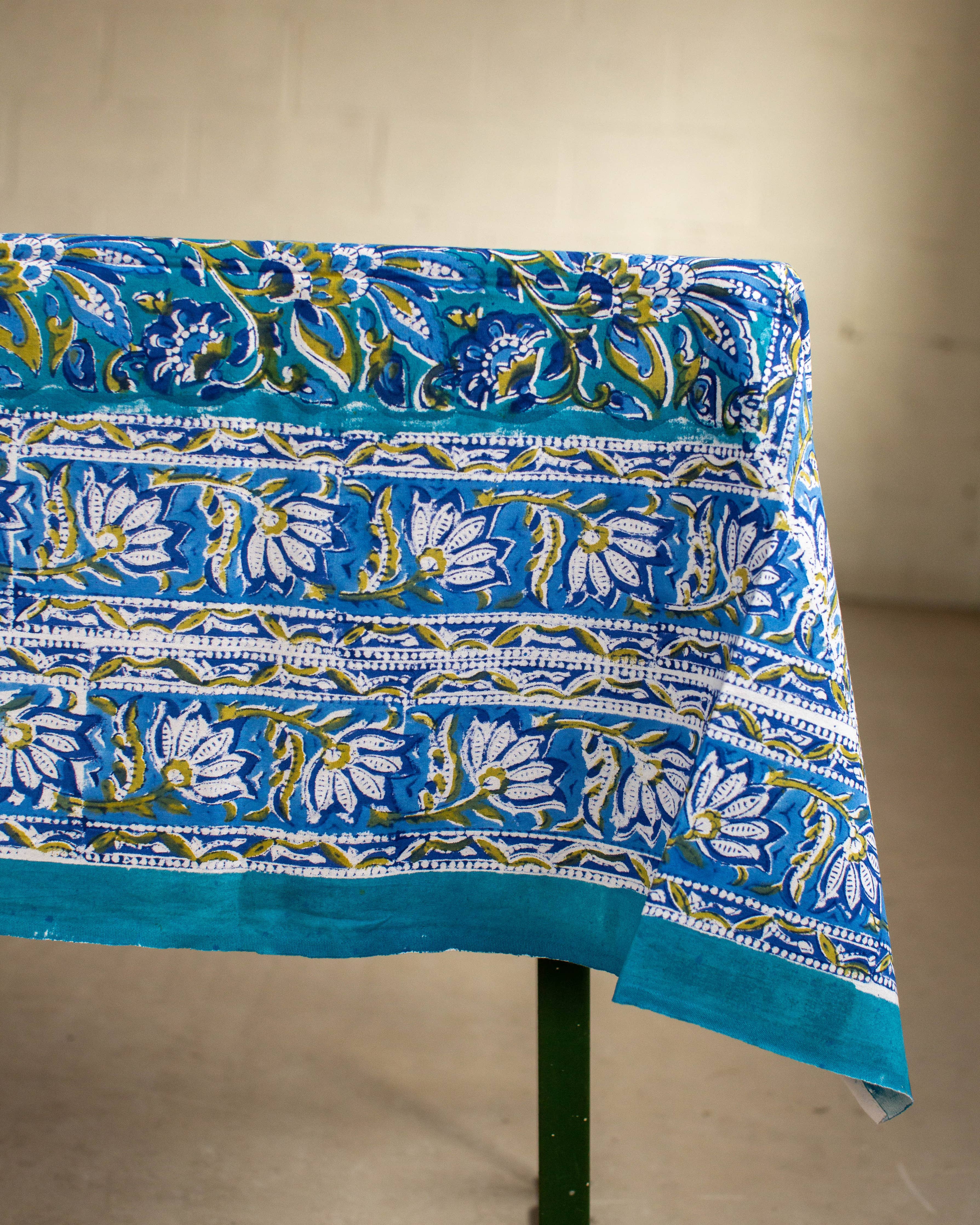 Blue Floral Rowde Hand Block Printed Cotton Tablecloth 150 x 220 cm