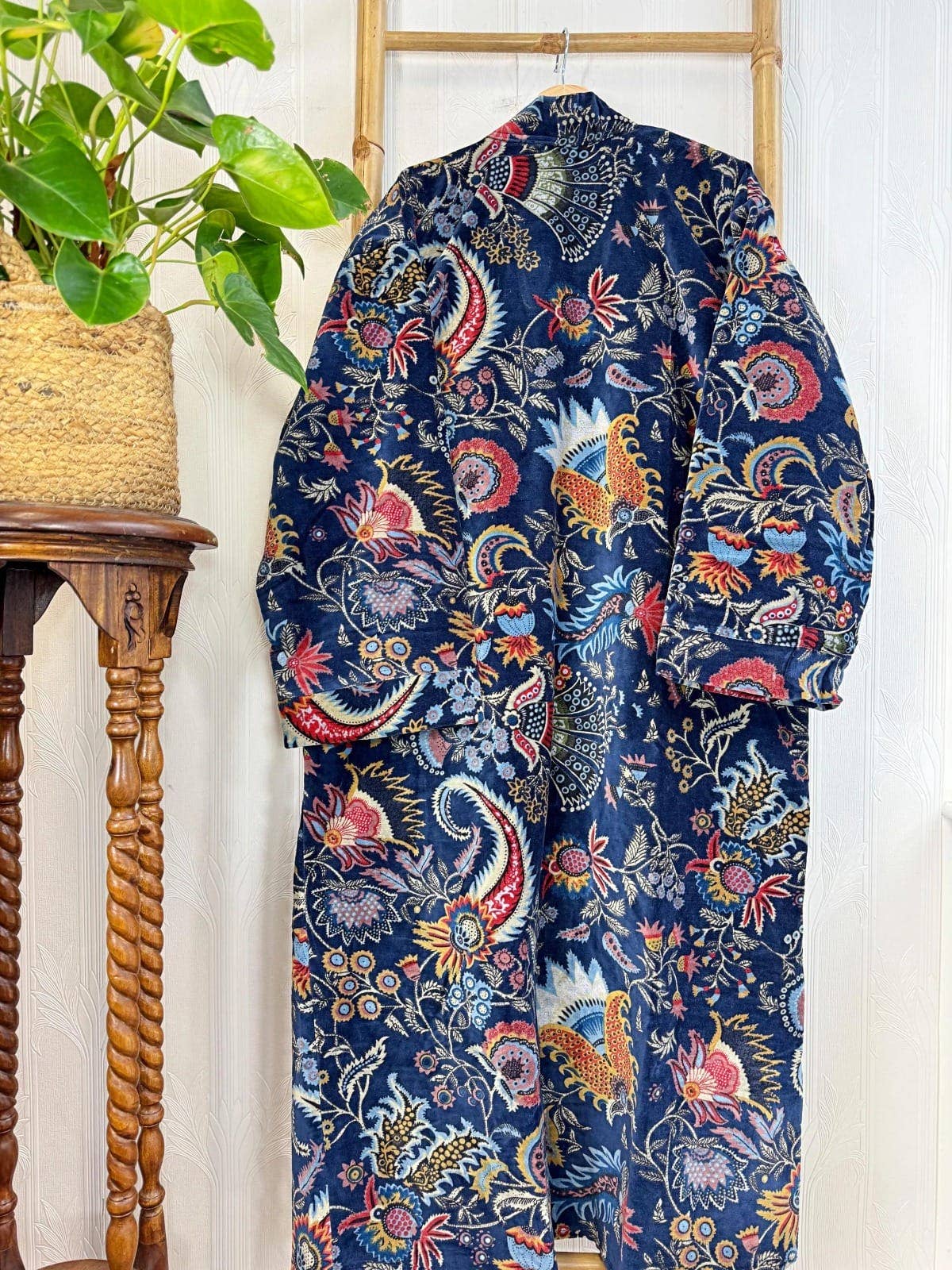 Deep Blue Luxurious Printed Velvet Robe, fully lined