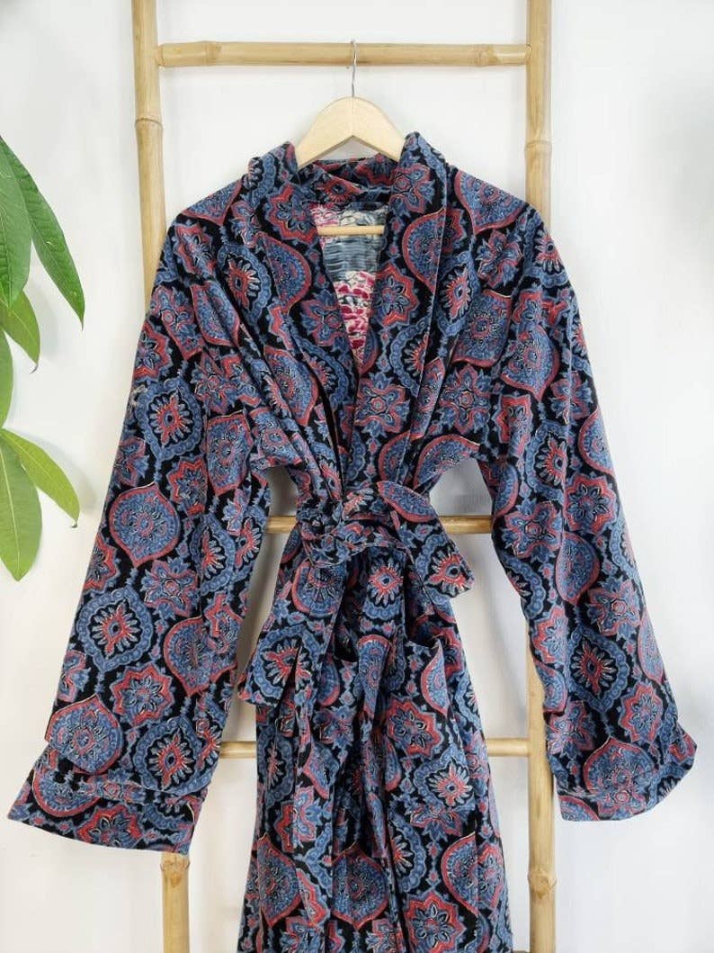 Luxury Velvet Robe - Black Blue Red Ajrakh Love Gift