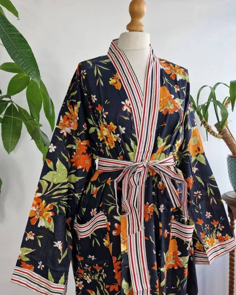 Plus Size Cotton Kimono Robe Black Orange Gardenia Bloom UK 18 24