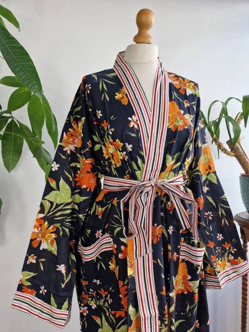 Plus Size Cotton Kimono Robe Black Orange Gardenia Bloom UK 18 24