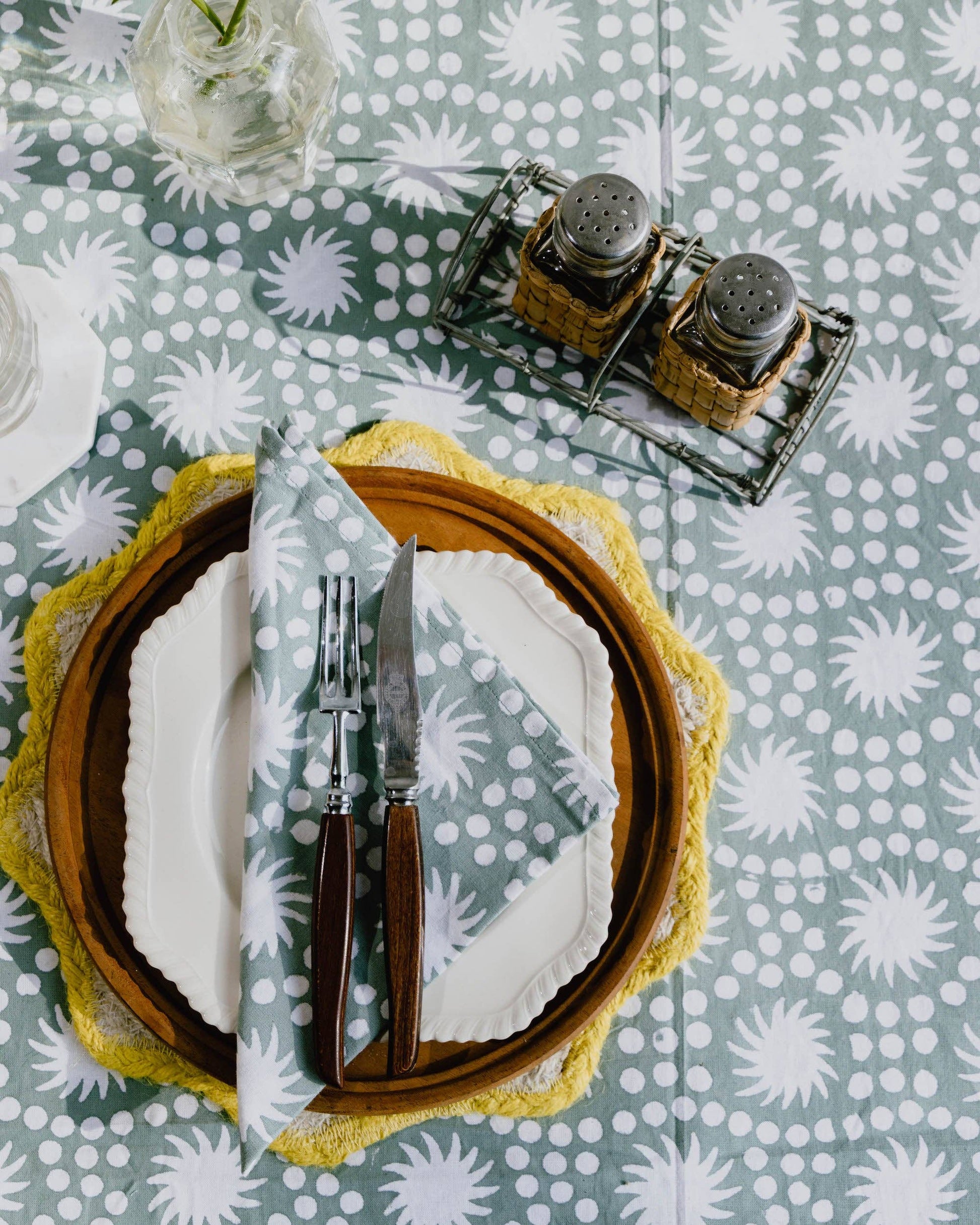 Sunburst Block Print Tablecloth Olive Green Cotton 180 x 280 cm