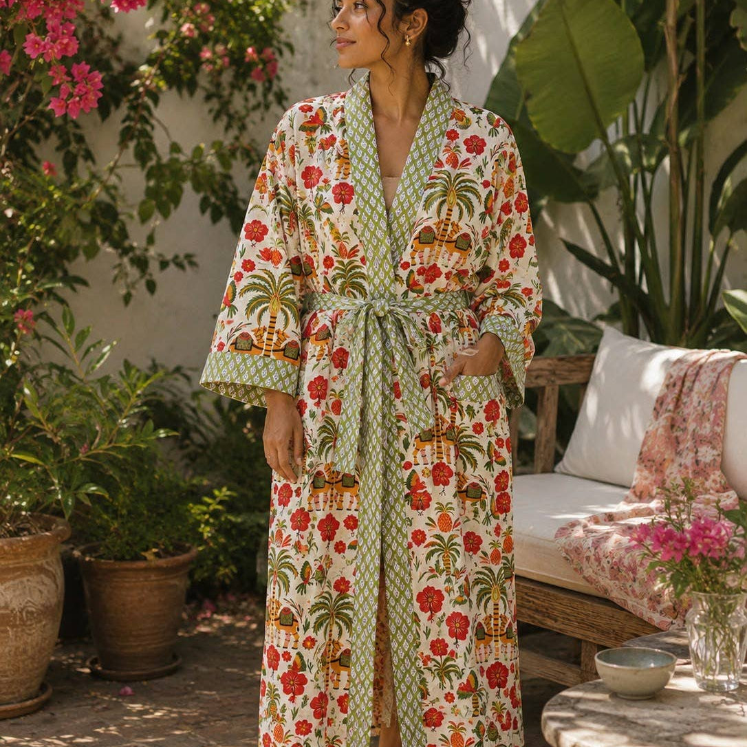 Tropical Elephant Hand-Block Printed Cotton Robe