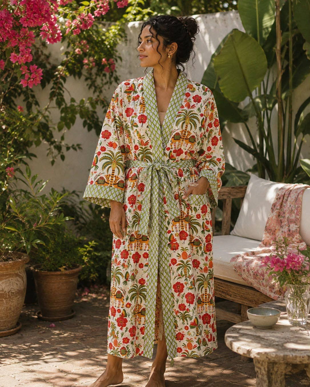 Tropical Camel Hand-Block Printed Cotton Robe