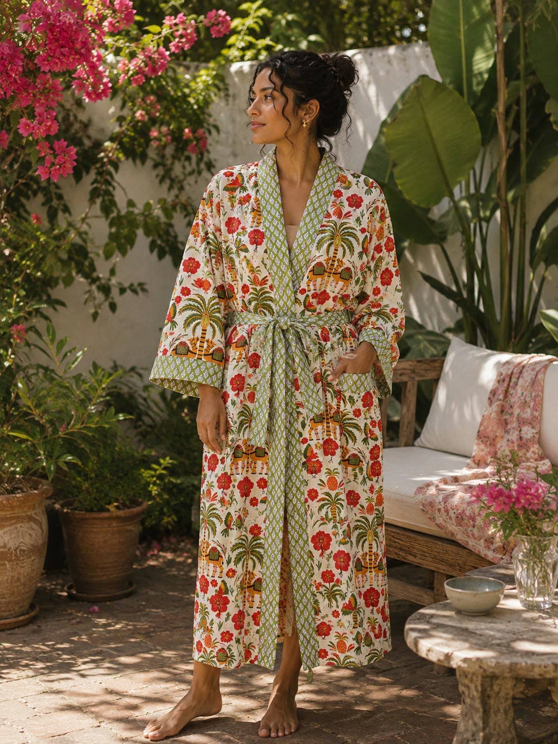 Tropical Elephant Hand-Block Printed Cotton Robe