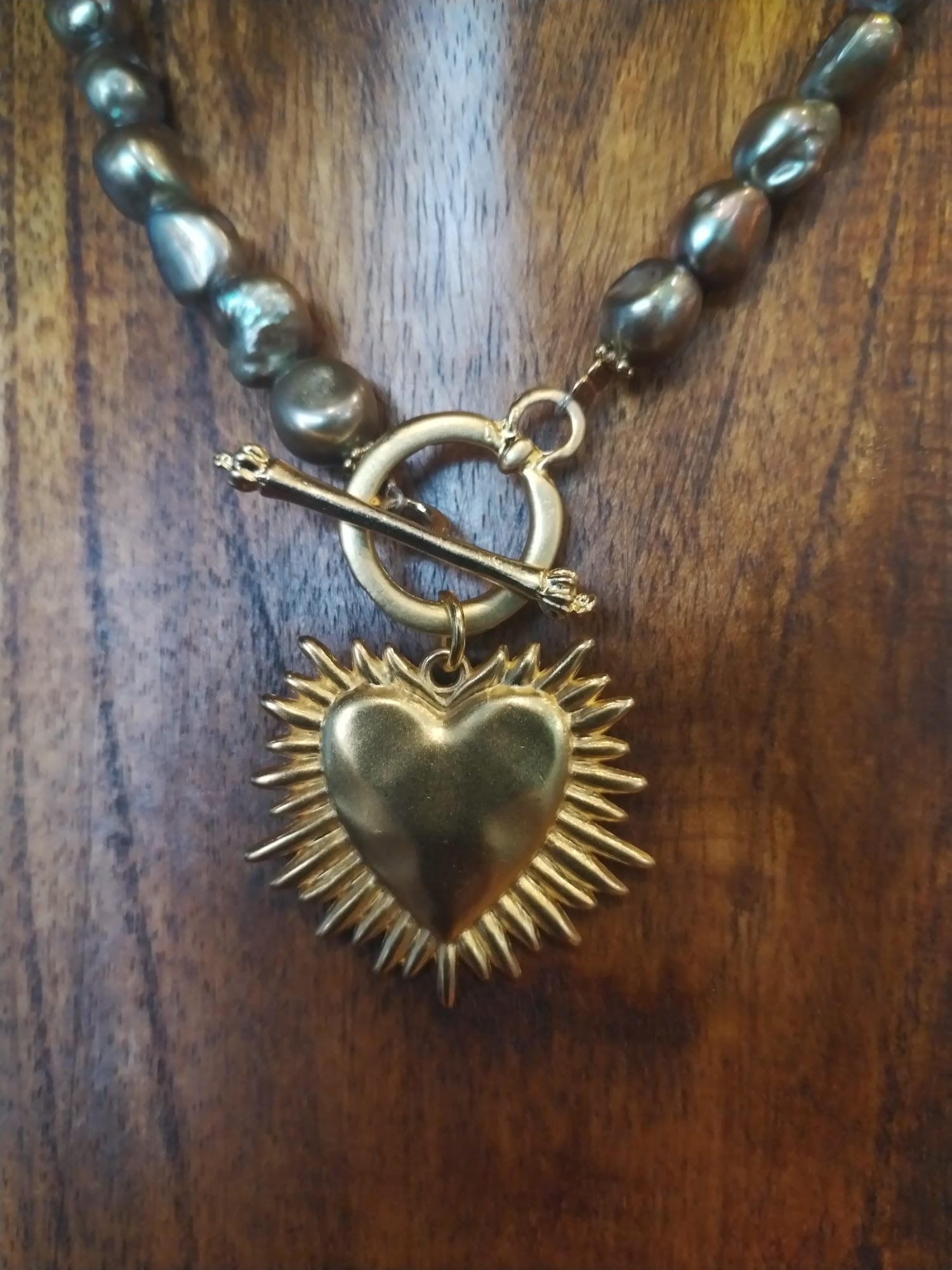 Olive Green Freshwater Pearl And Gold Blazing Heart Charm Necklace