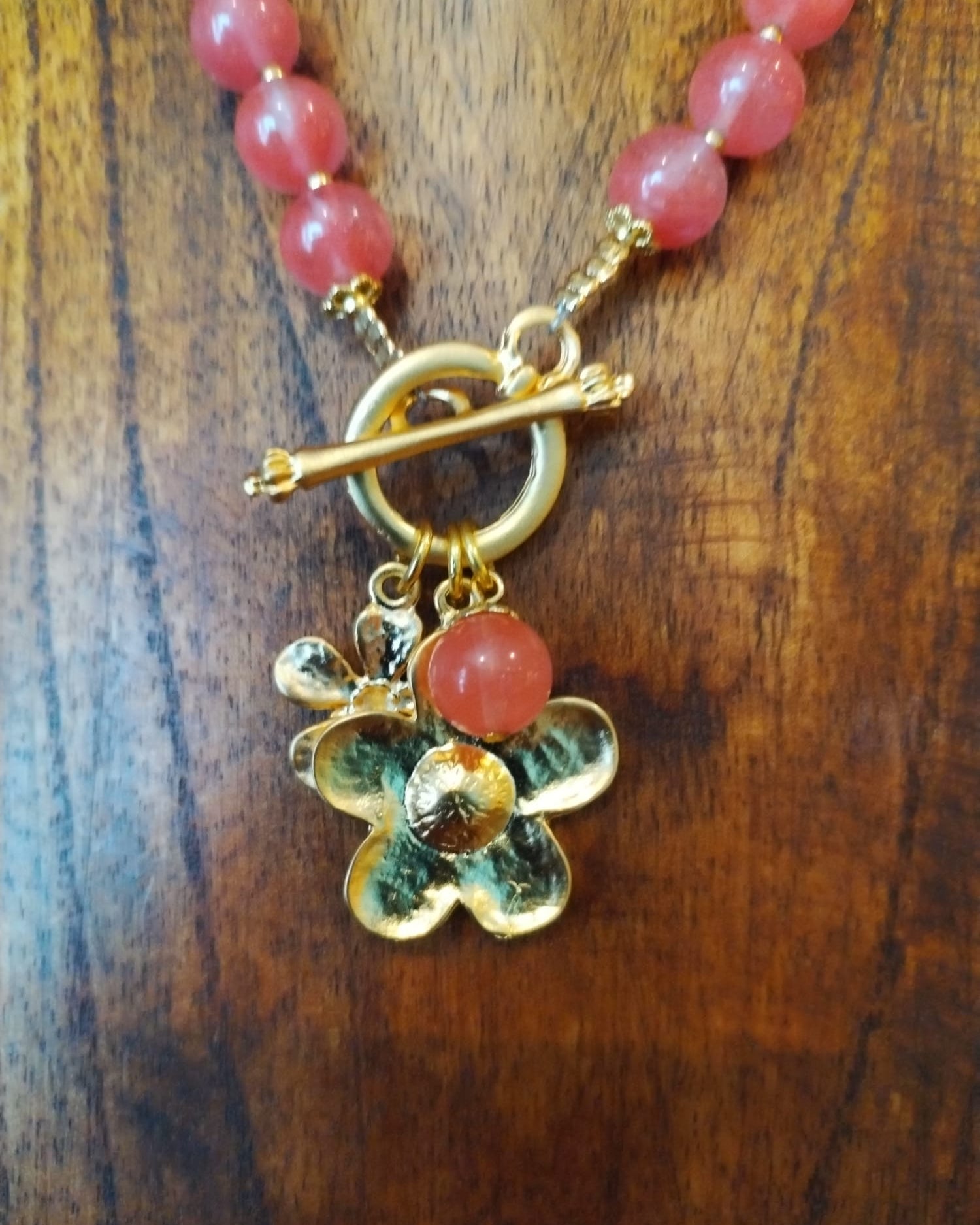Rose Agate Necklace With Gold Flower Charm