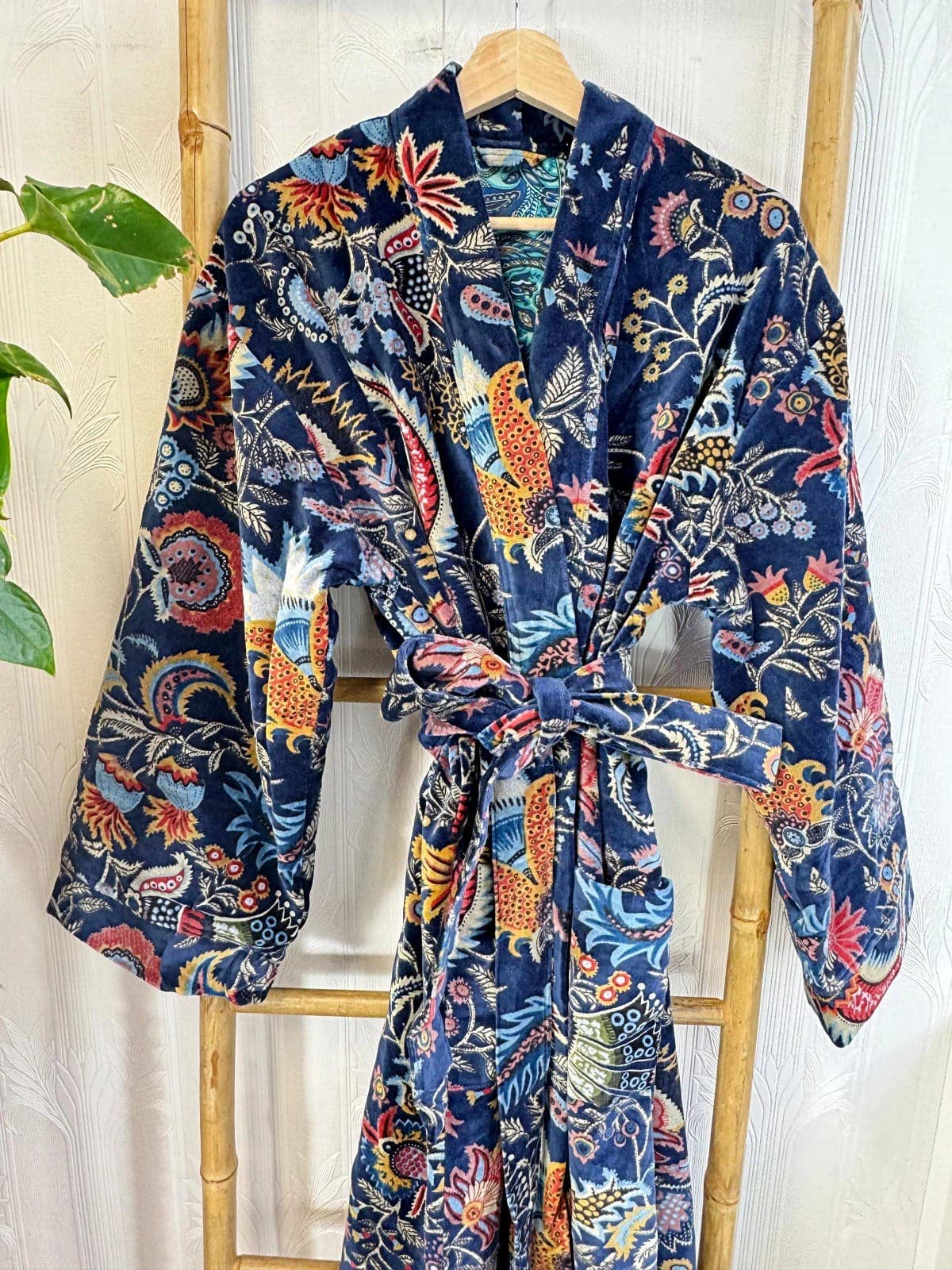 Deep Blue Luxurious Printed Velvet Robe, fully lined