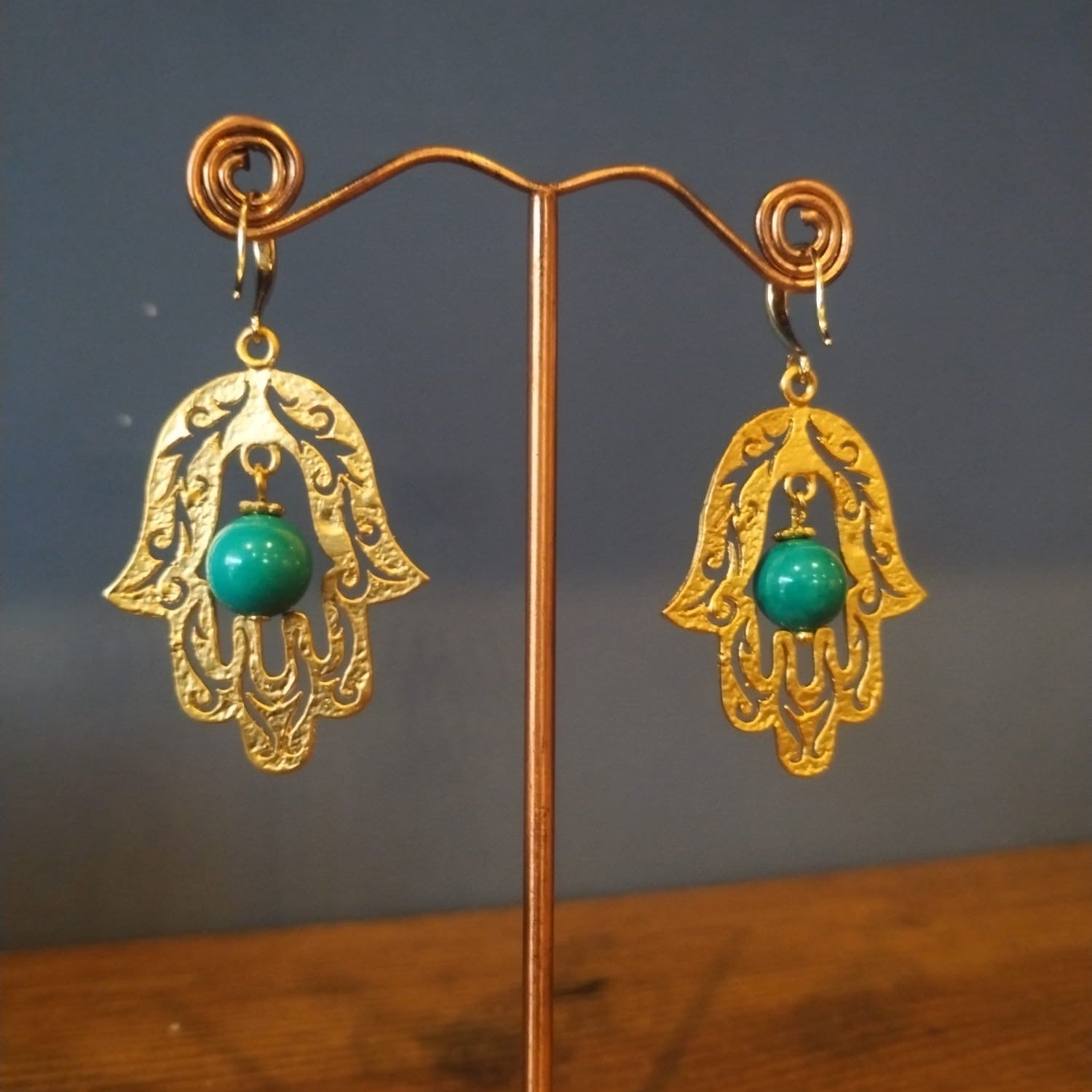 Gold hand Of Hamsa Earrings With Turquoise bead
