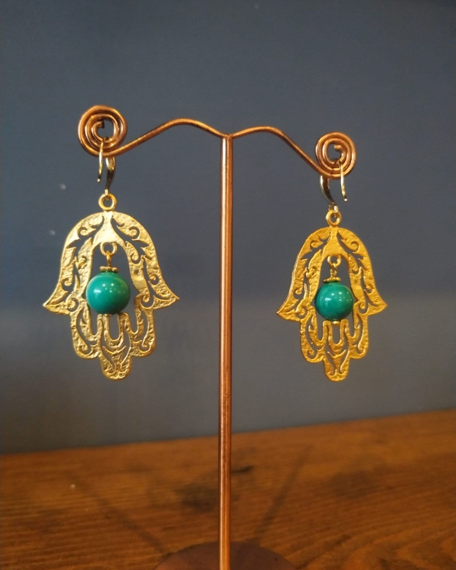 Gold hand Of Hamsa Earrings With Turquoise bead