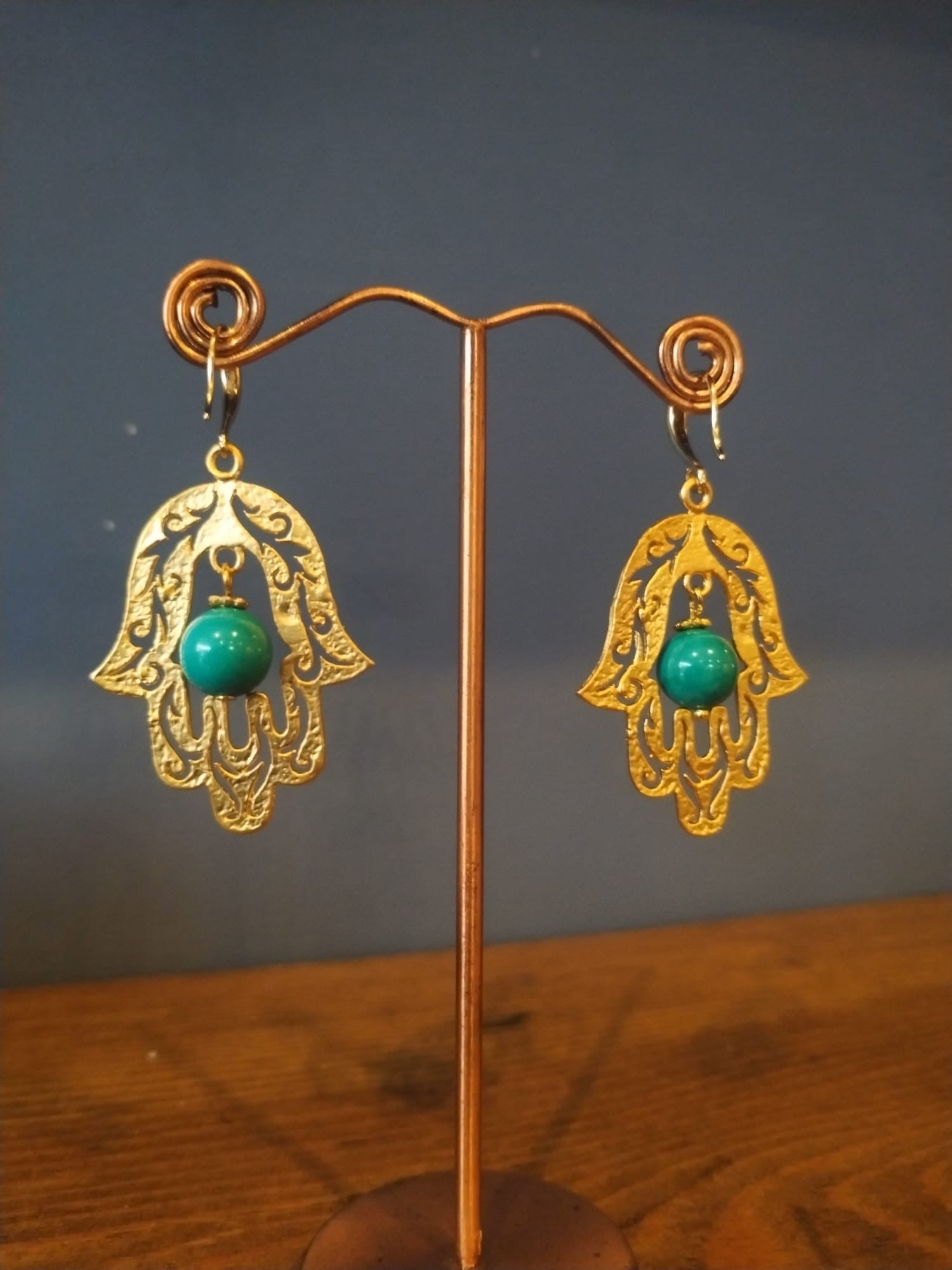 Gold hand Of Hamsa Earrings With Turquoise bead