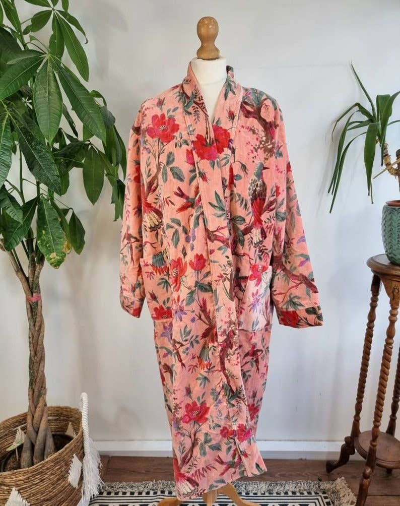 Luxury Velvet Robe - Soft Peach Birds Paradise Exotic Love