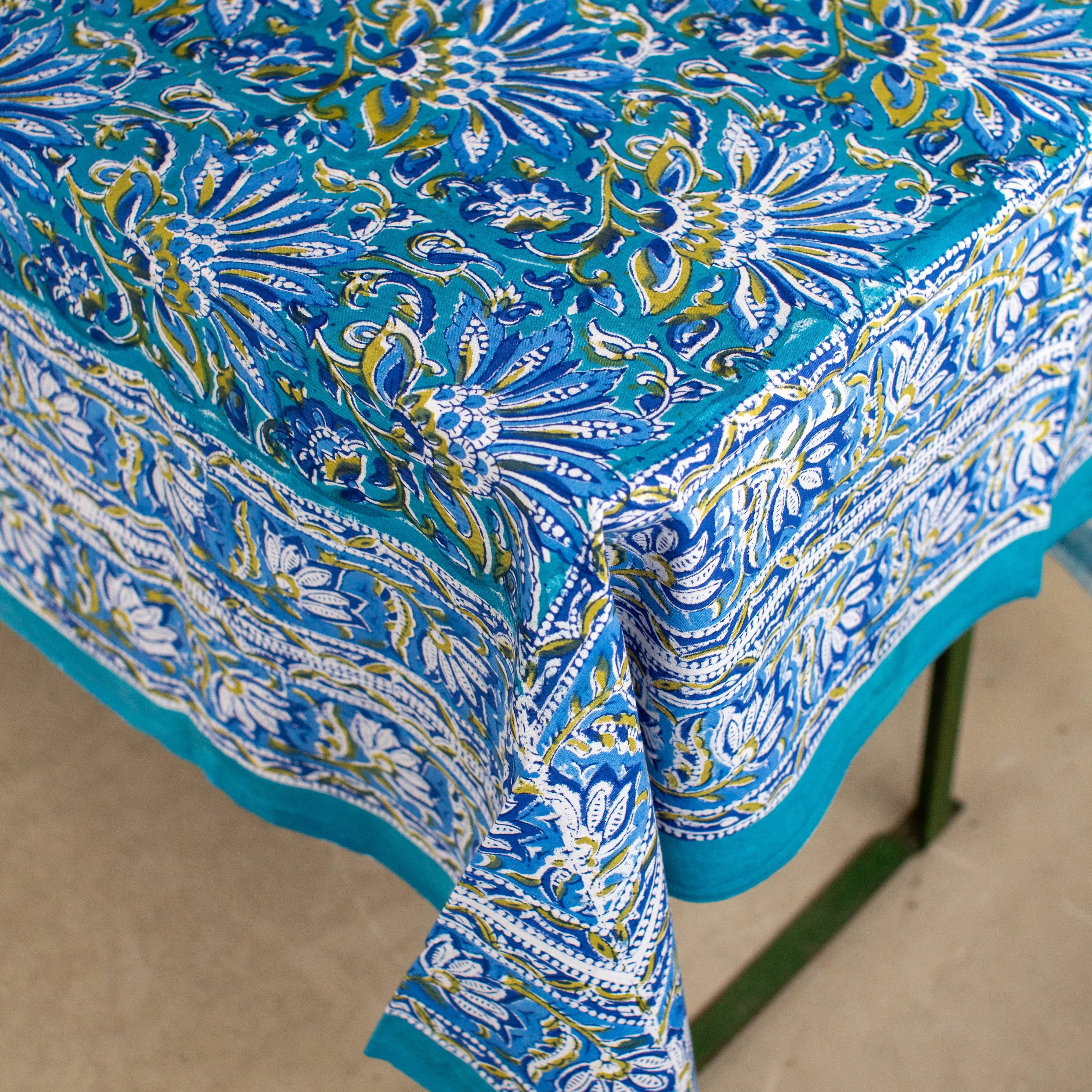 Blue Floral Rowde Hand Block Printed Cotton Tablecloth 150 x 220 cm