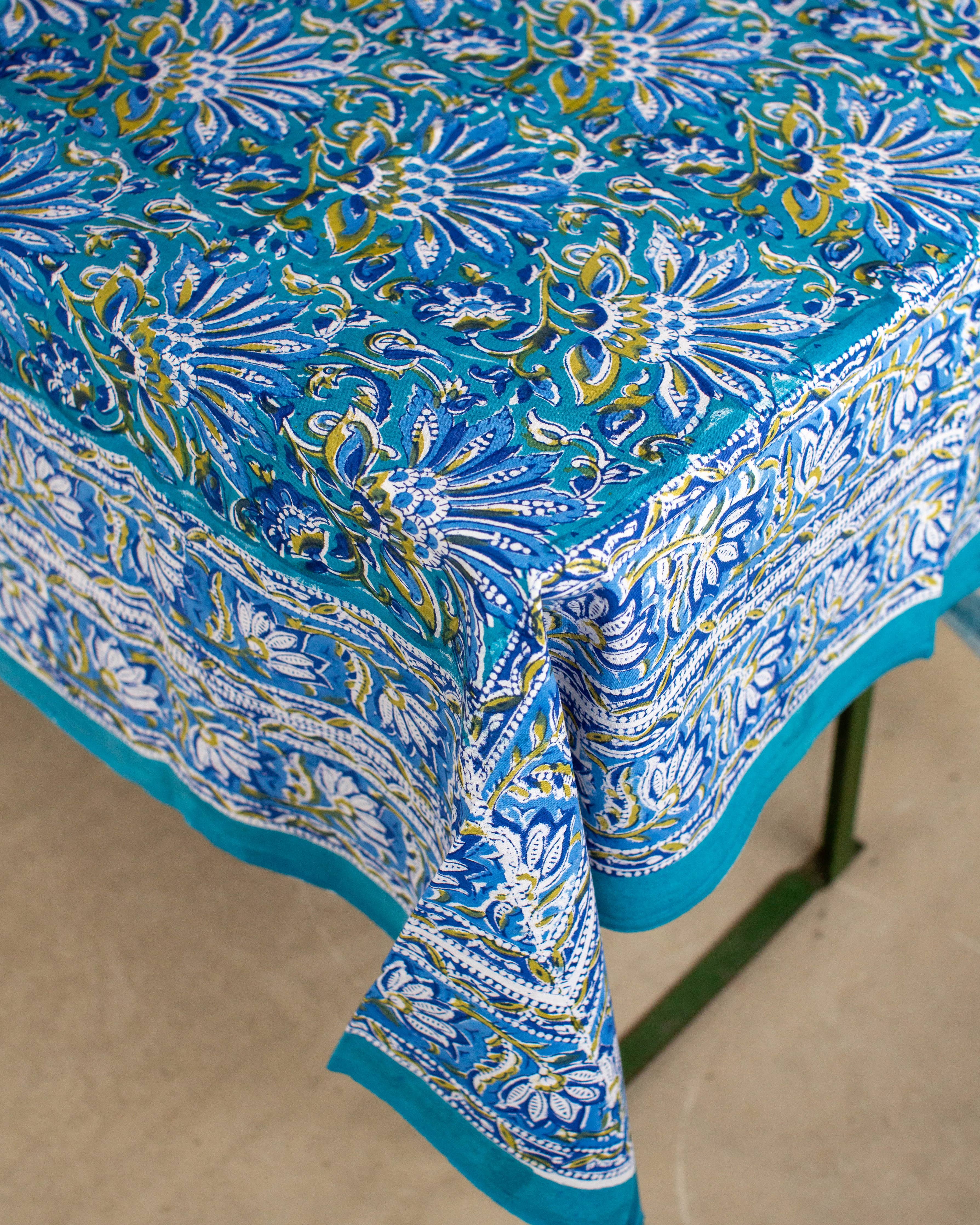 Blue Floral Rowde Hand Block Printed Cotton Tablecloth 150 x 220 cm