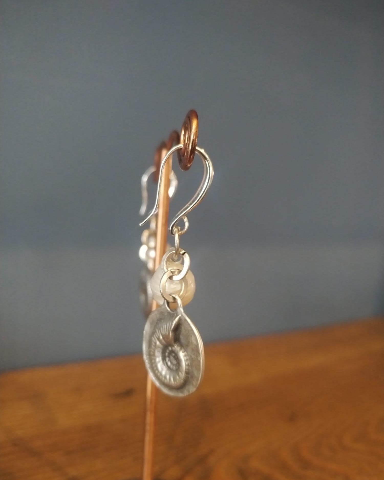 Pearl and Silver Earrings with Ammonite Charm
