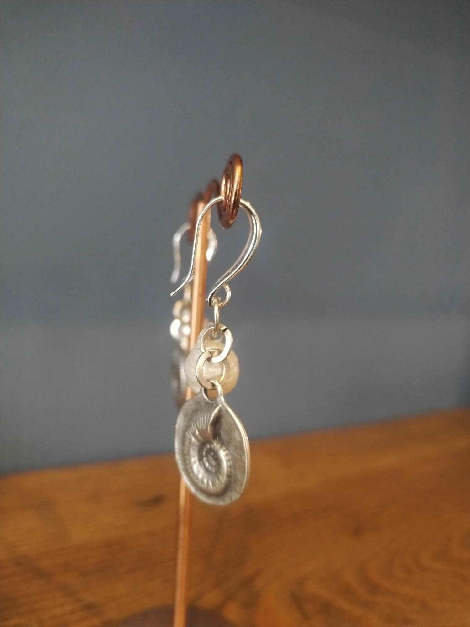 Pearl and Silver Earrings with Ammonite Charm
