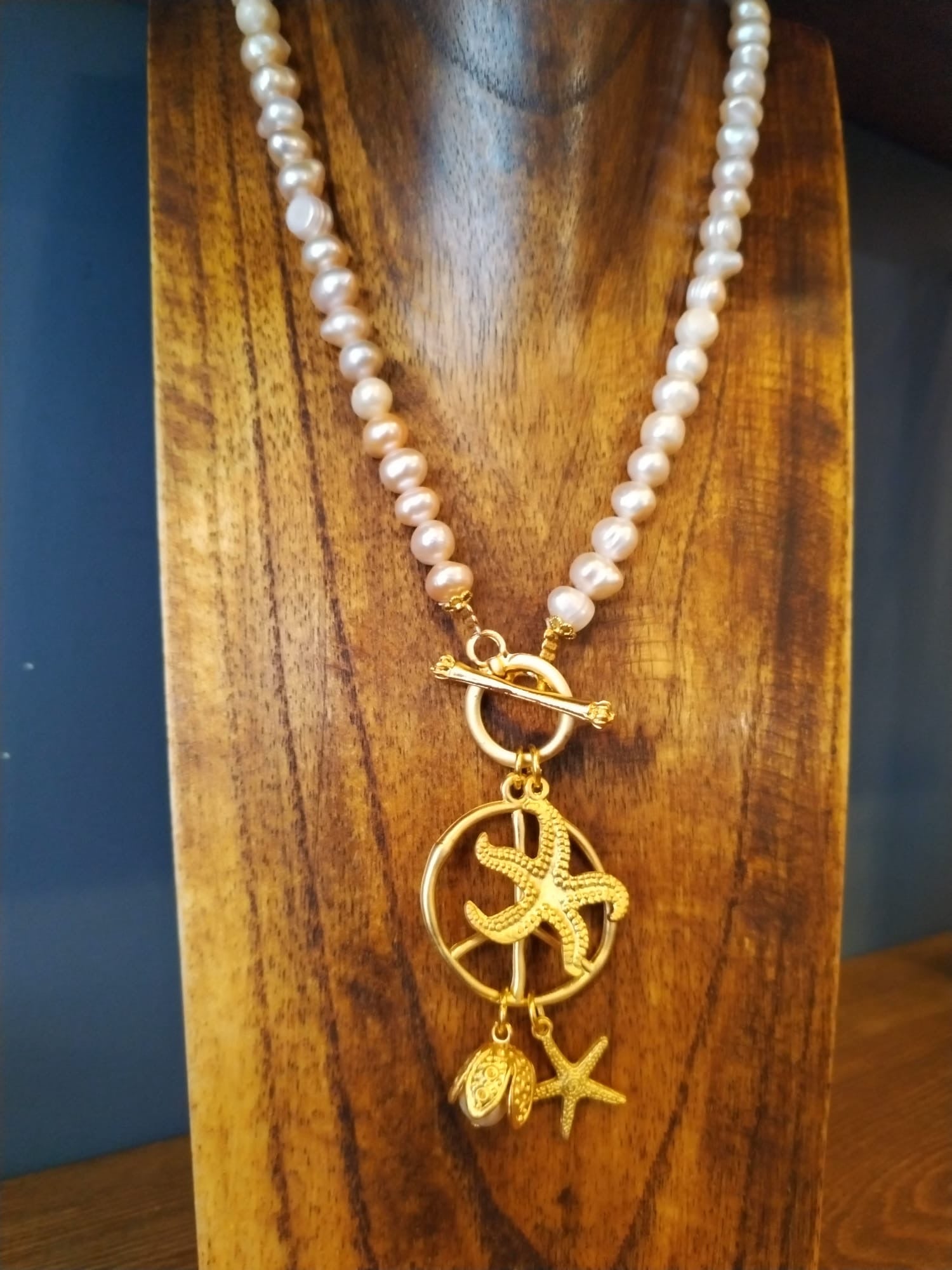 Freshwater Pearl Necklace with Gold Sea Charms 45cm