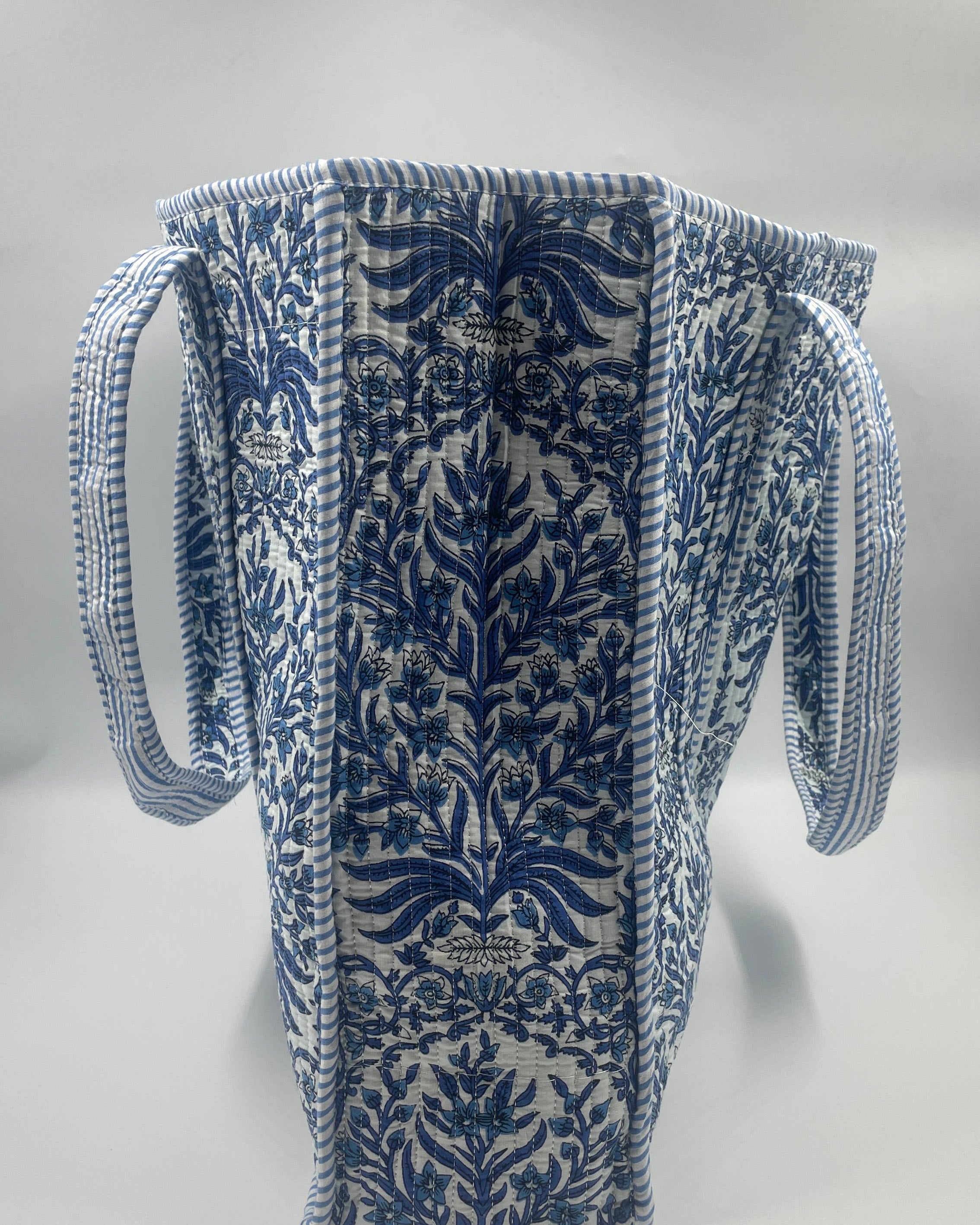 Blue and White Botanical Quilted Cotton Tote Bag