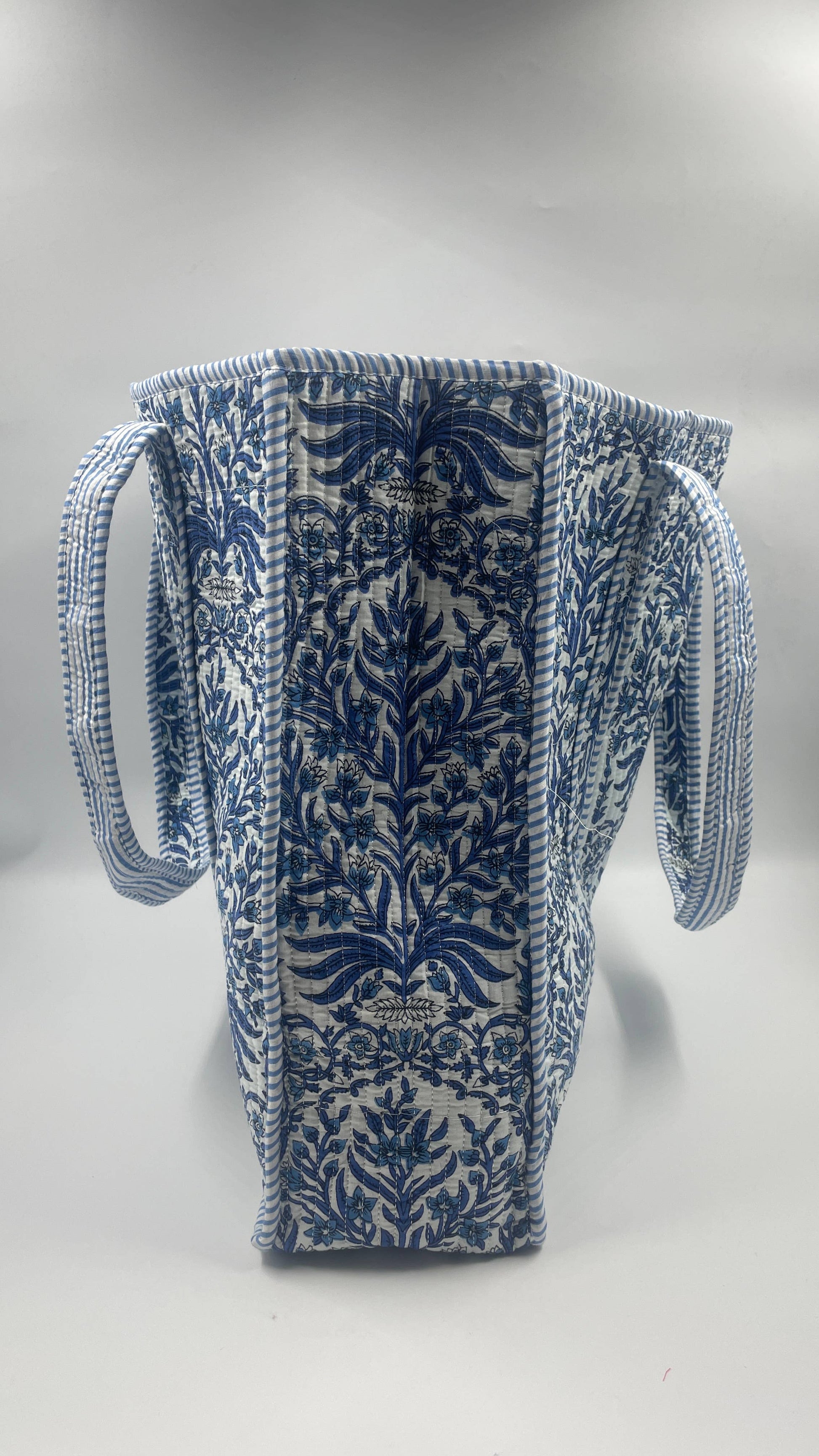 Blue and White Botanical Quilted Cotton Tote Bag