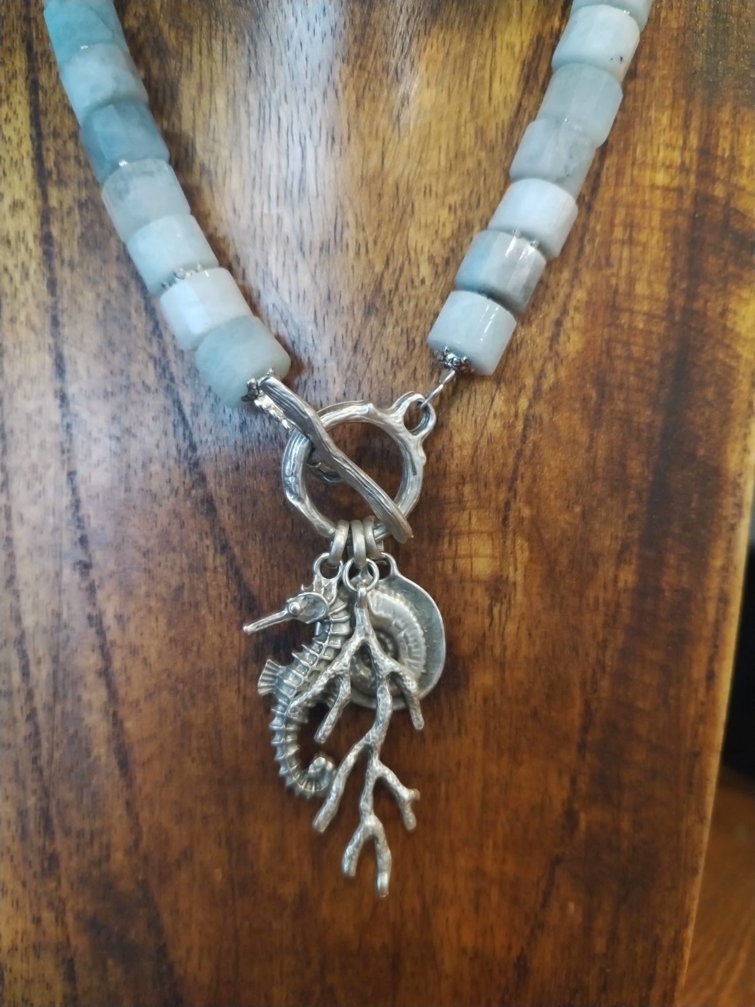 Aquamarine Rondelle Bead Necklace With Silver Coral And Seahorse Charms