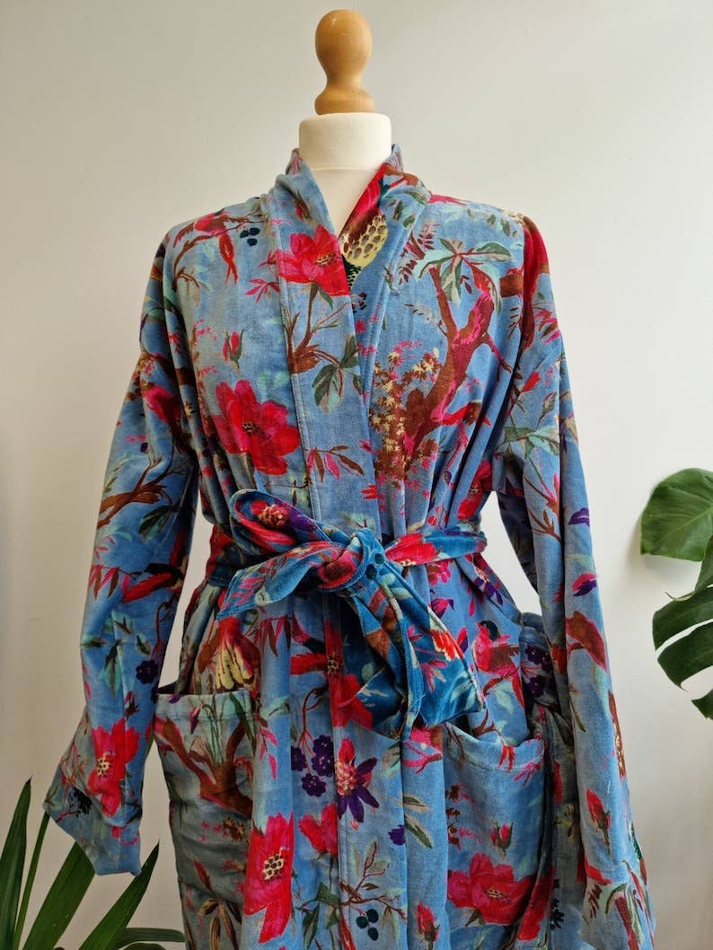Luxury Velvet Robe  - iced Blue Birds
