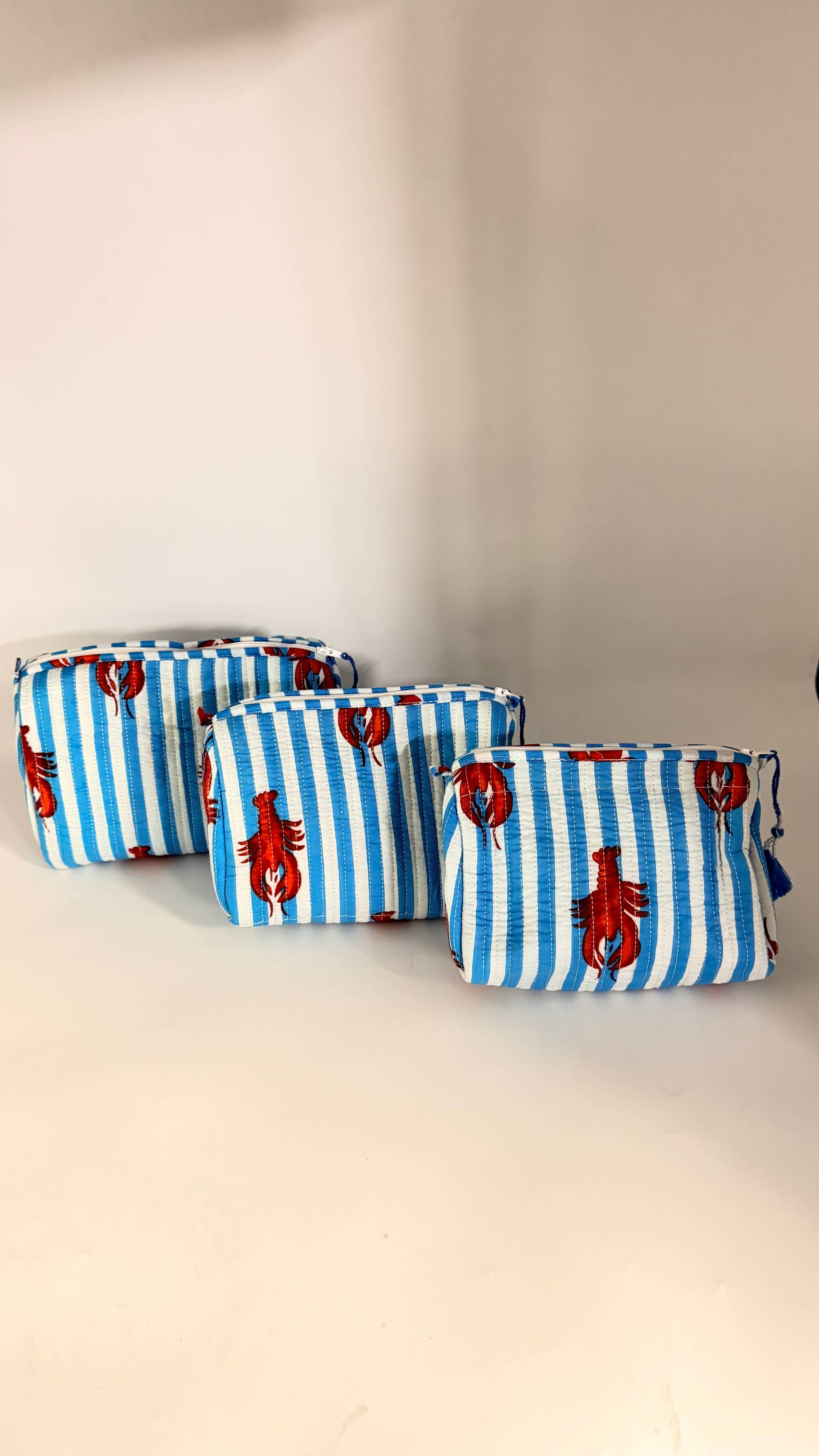 Set of Three Quilted Wash Bags with Blue Stripe Lobster Print
