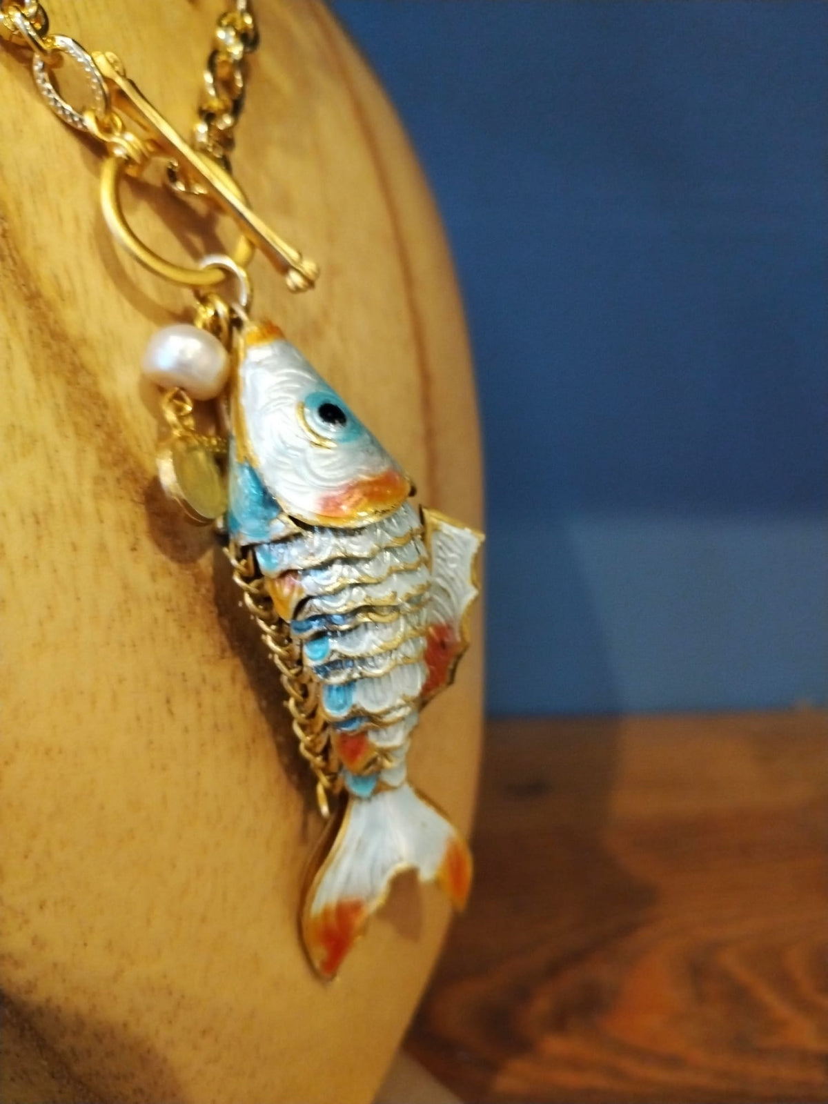 Long Gold Chain Necklace with Enamel Fish Pendant