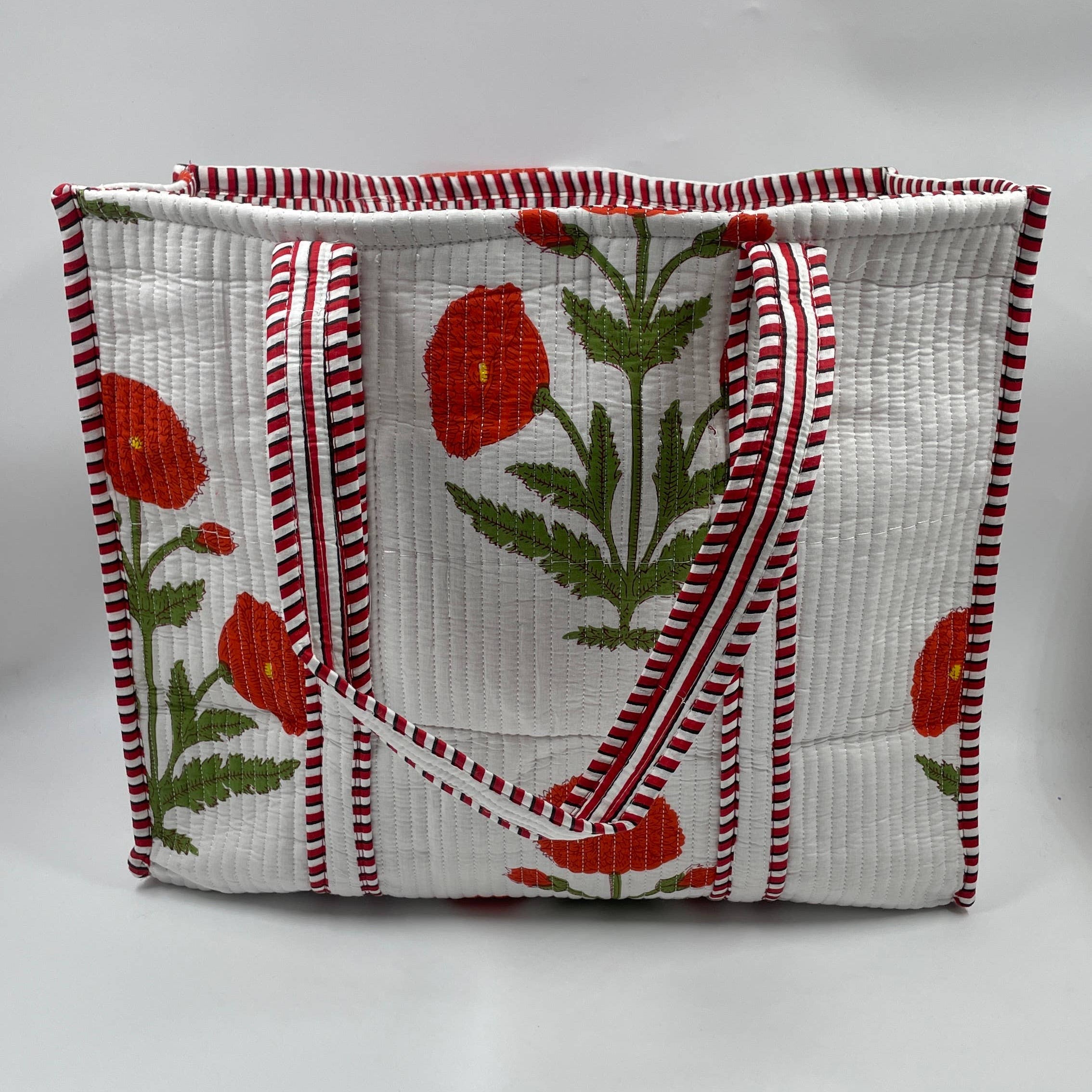 Large White Tote with Red Marigold Design