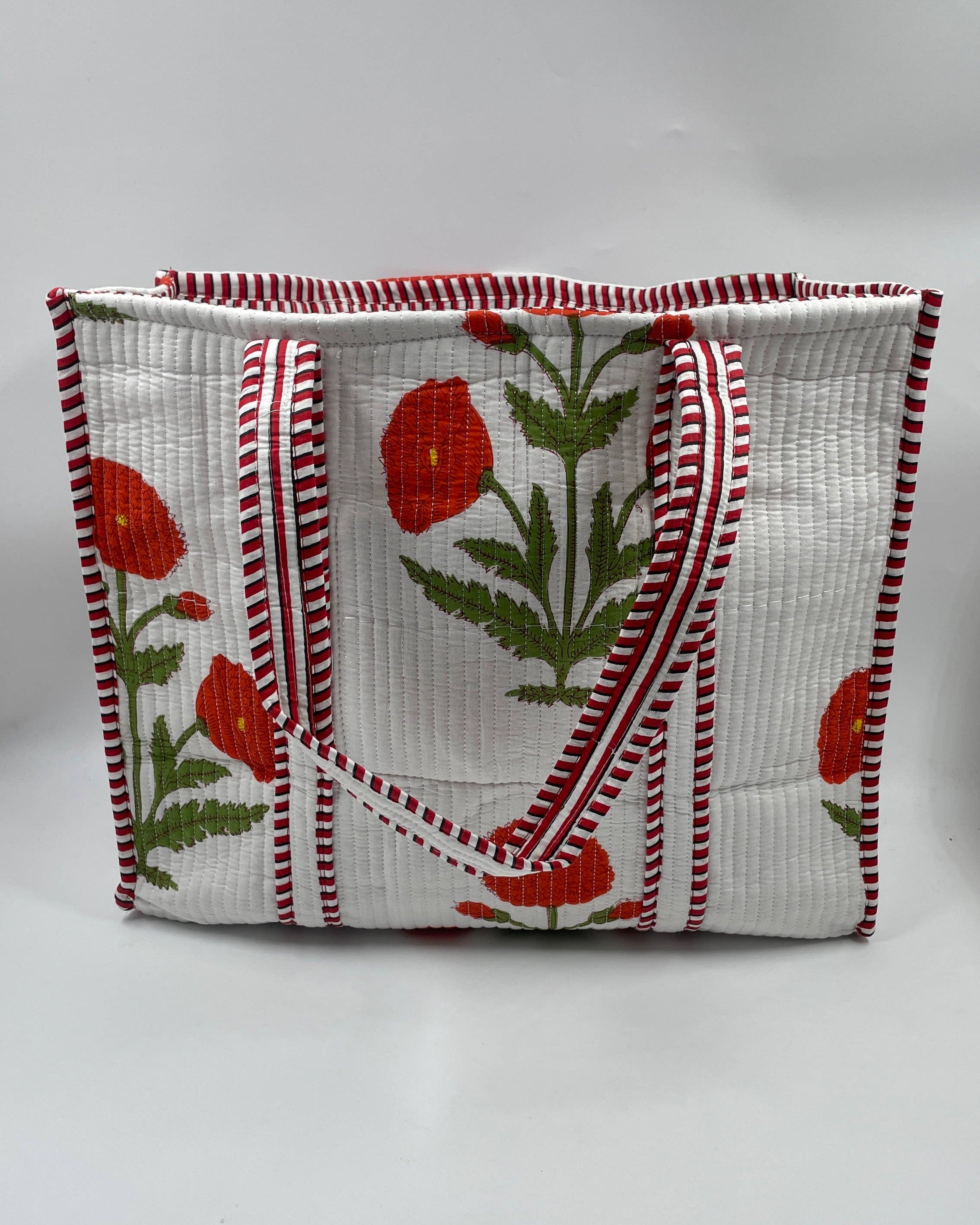 Large White Tote with Red Marigold Design