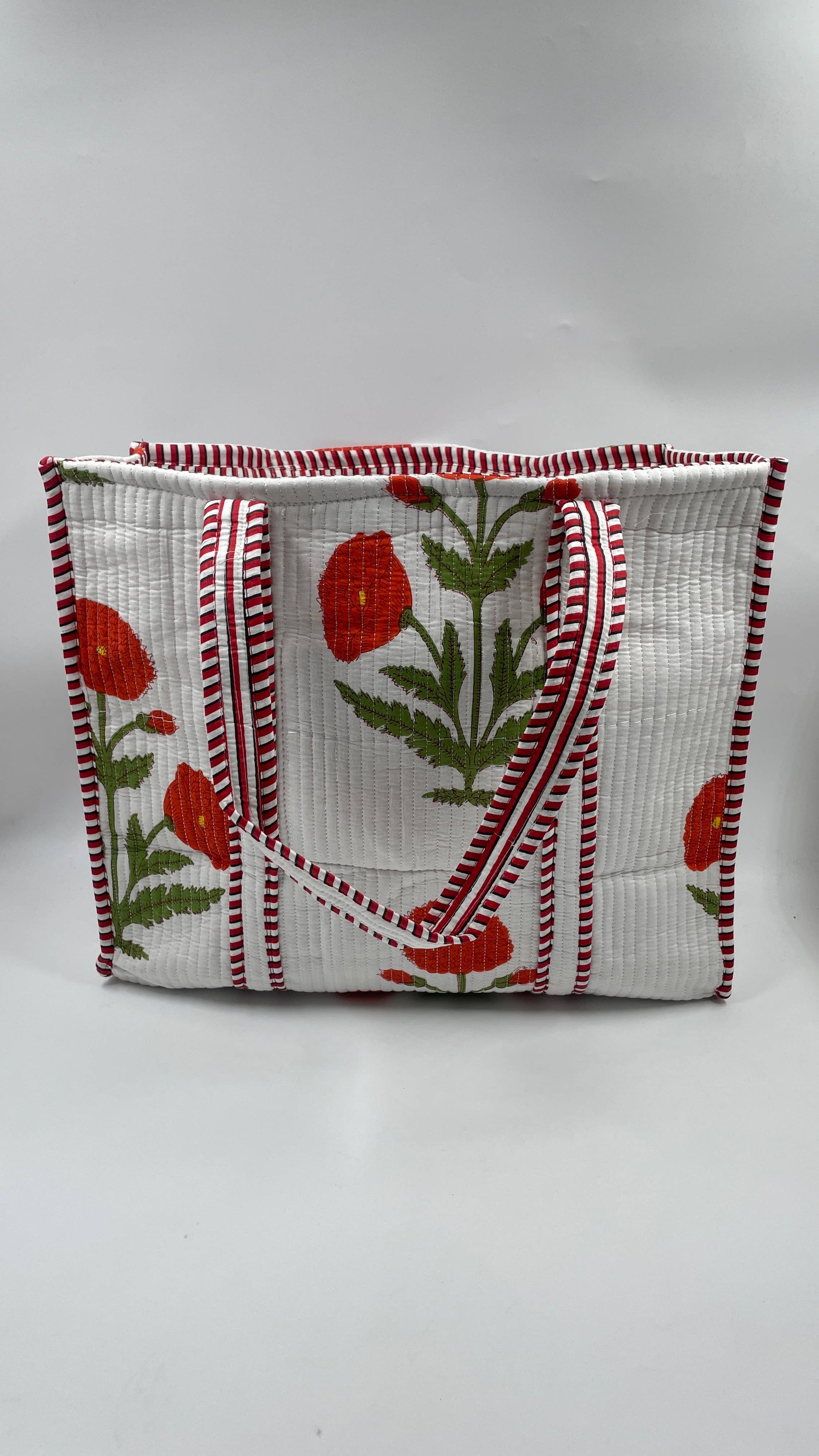 Large White Tote with Red Marigold Design