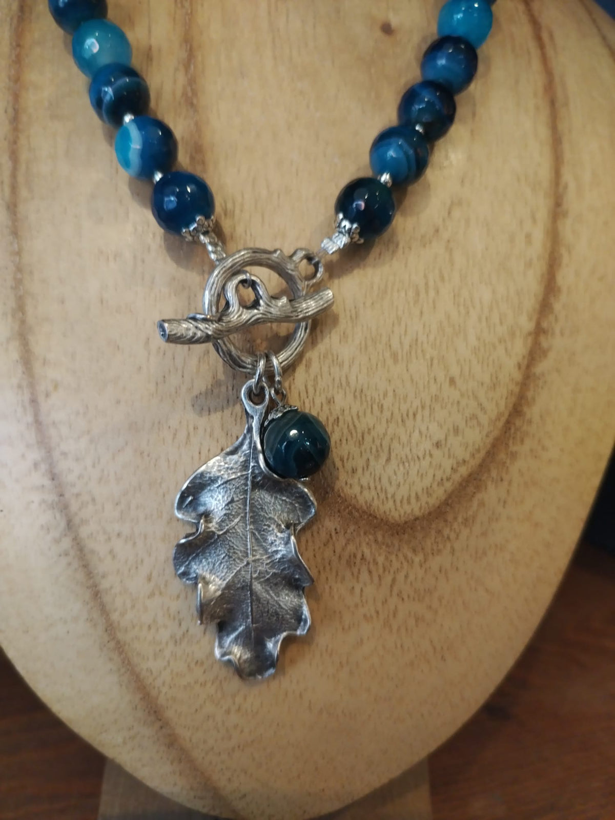 Blue Agate Necklace with Silver Oak Leaf