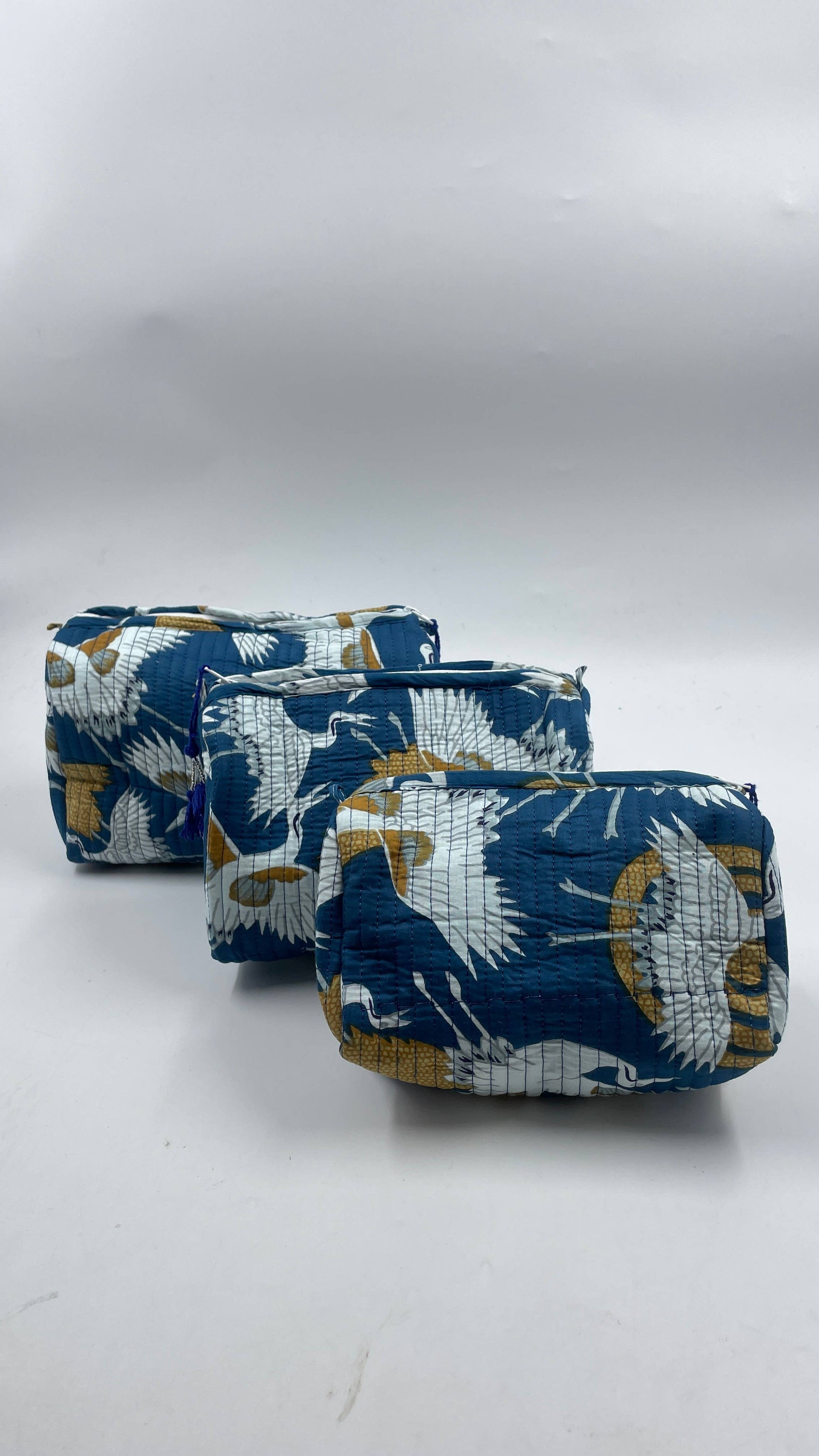 White Crane set of 3 cotton quilted wash bags