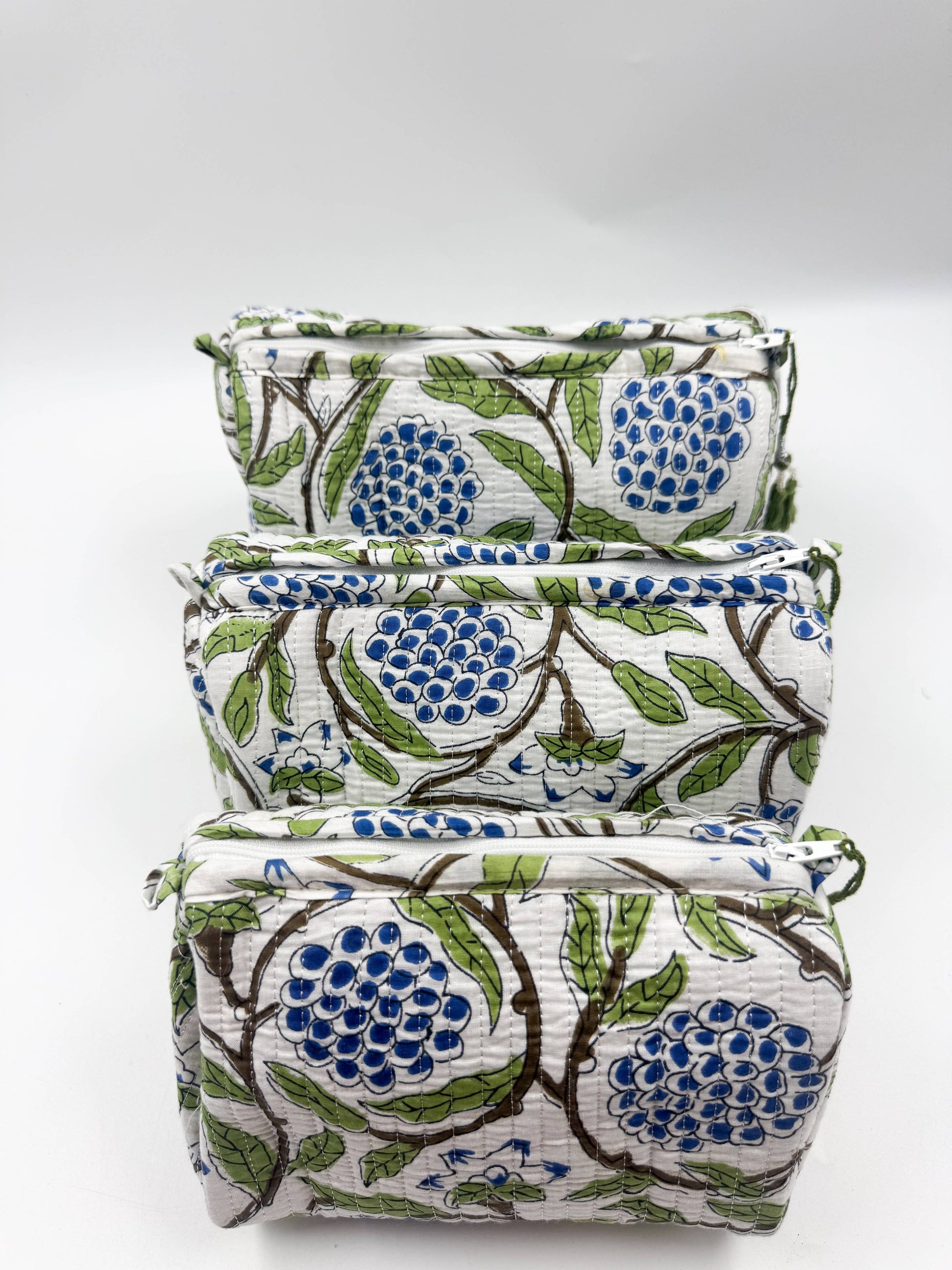 Set of Three Quilted Wash Bags with Blue Floral Vine Print