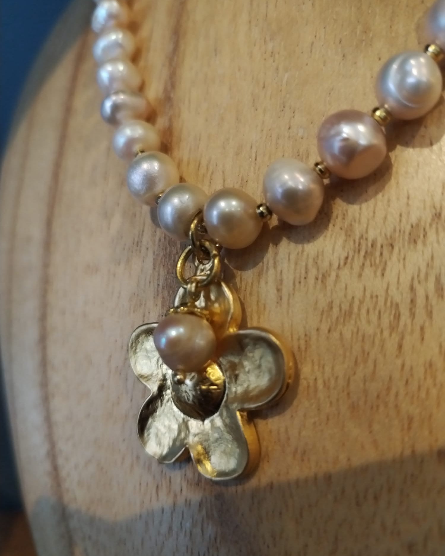 Champagne Freshwater Pearl Necklace with Gold Flower Charms