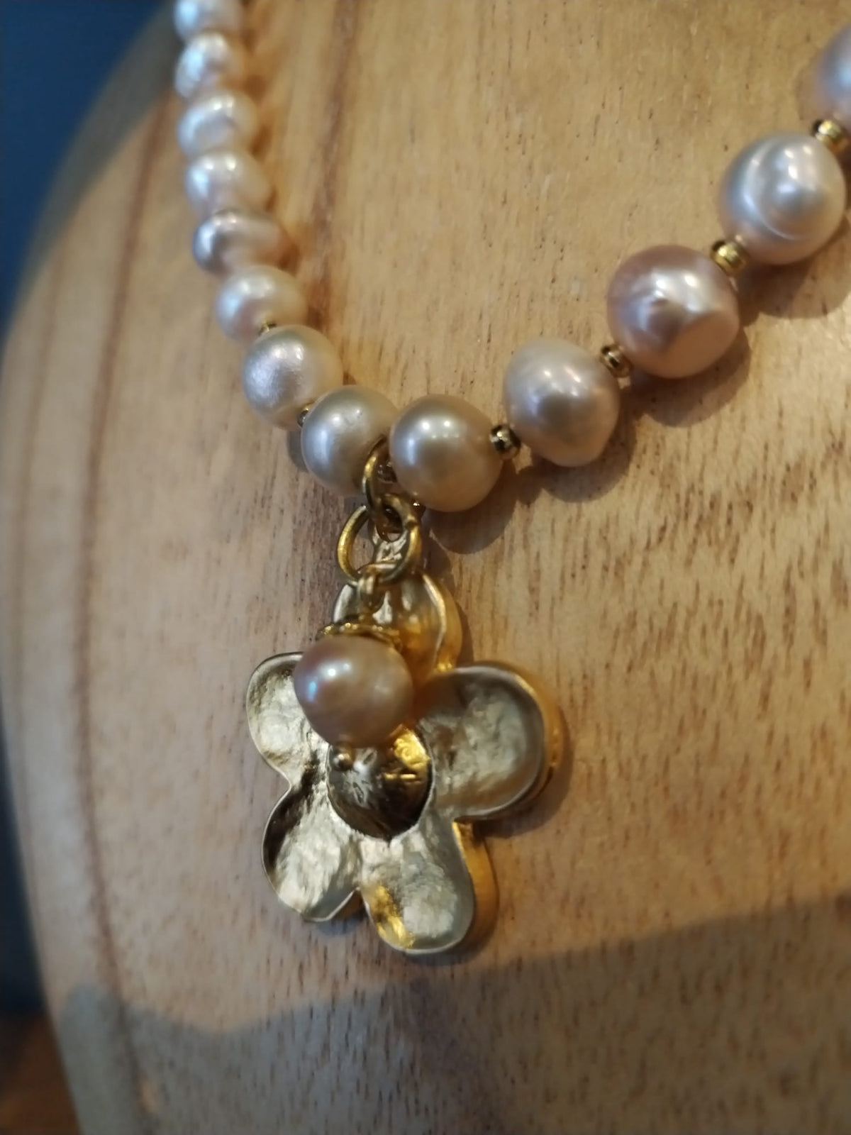 Champagne Freshwater Pearl Necklace with Gold Flower Charms