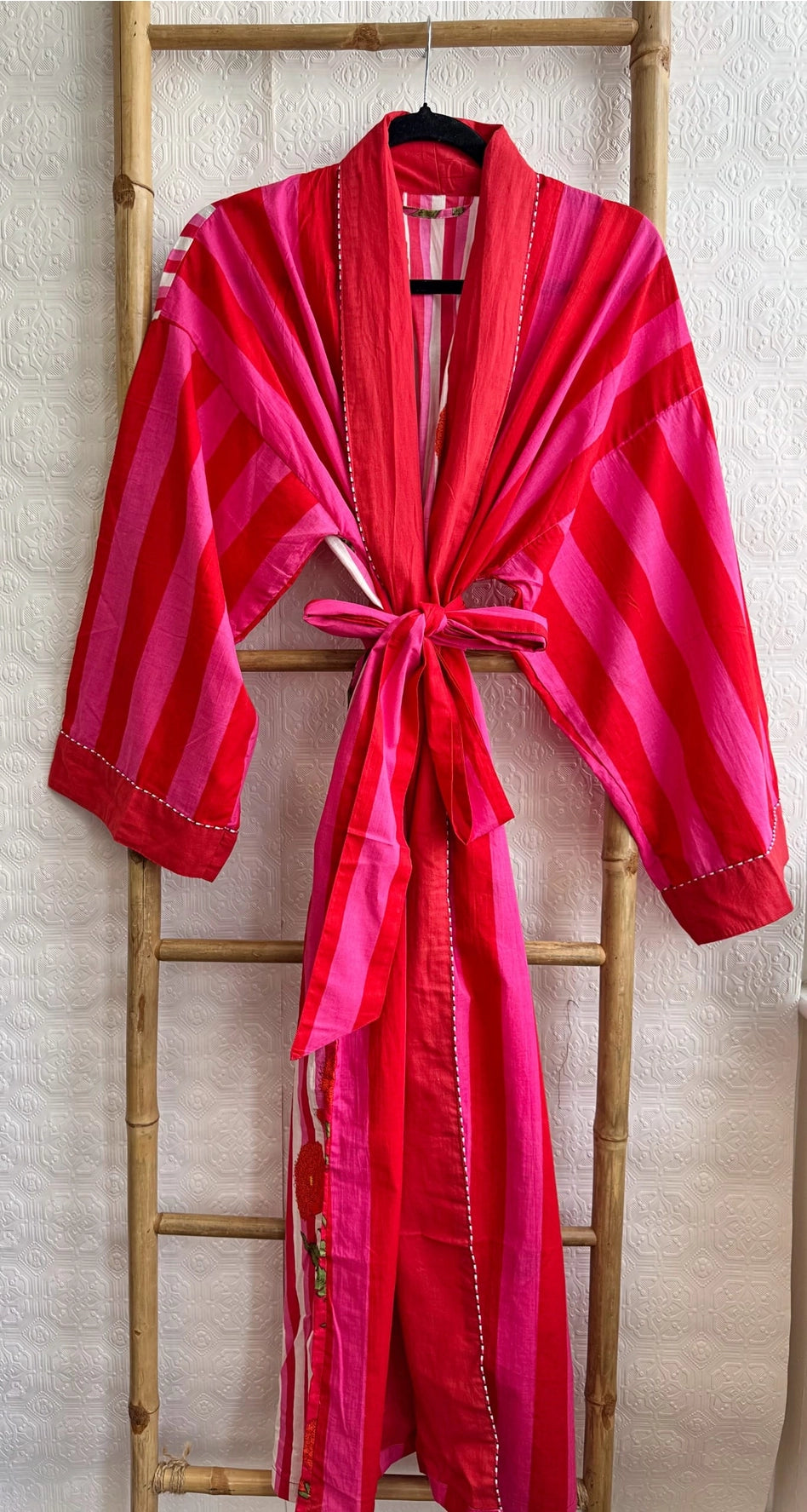 Cotton Robe Pink and Red Stripe With Marigold Design on the back Hand Printed, UK size  8 18