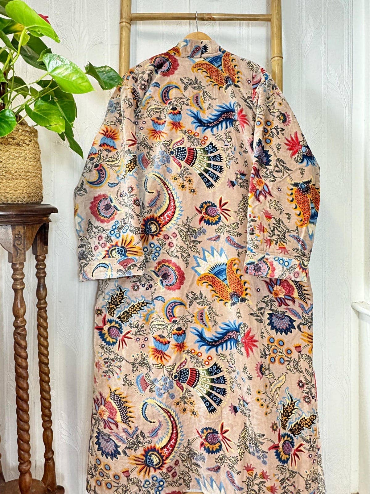 Cream Luxurious Printed Velvet Robe, fully lined