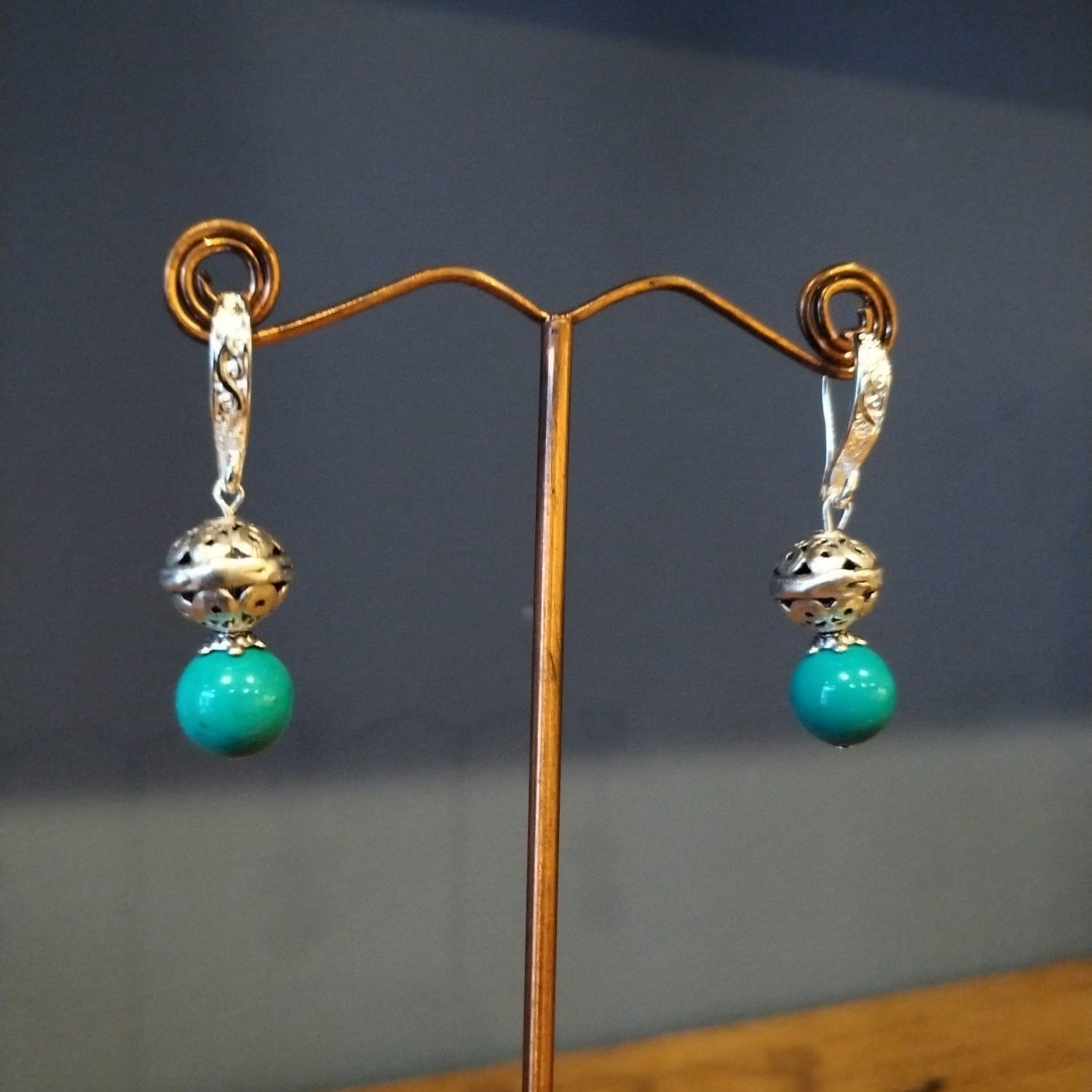 Turquoise Earrings With Silver Filigree Balls