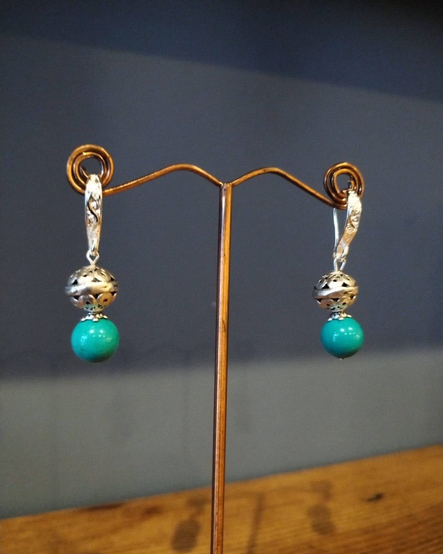 Turquoise Earrings With Silver Filigree Balls
