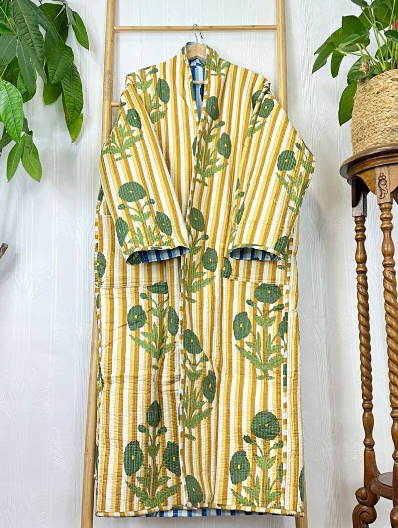 Quilted Cotton Reversible blue & yellow  floral Kimono Robe UK 10 16