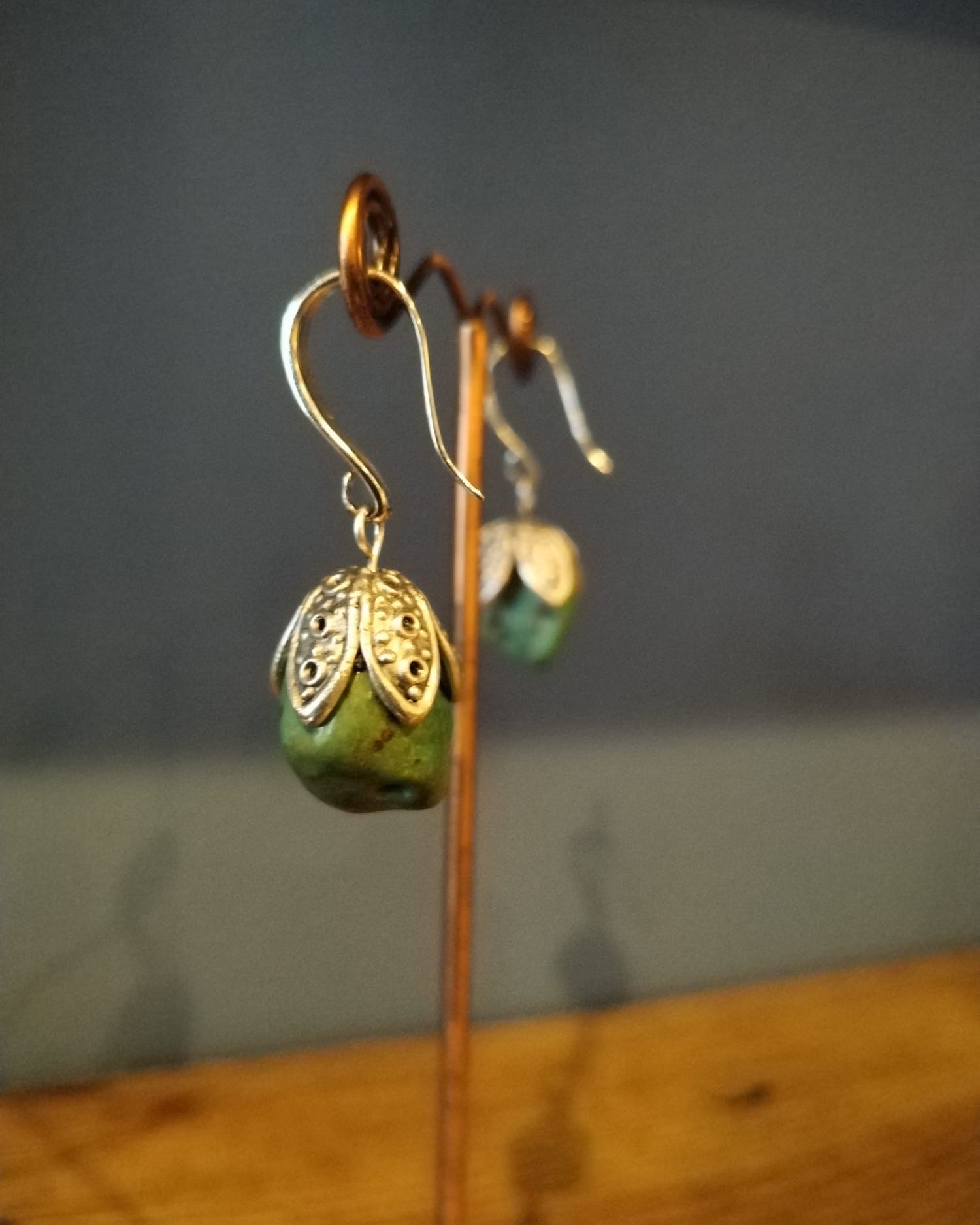 Green Moss Agate Drop Earrings With Silver Flower Bud Earrings