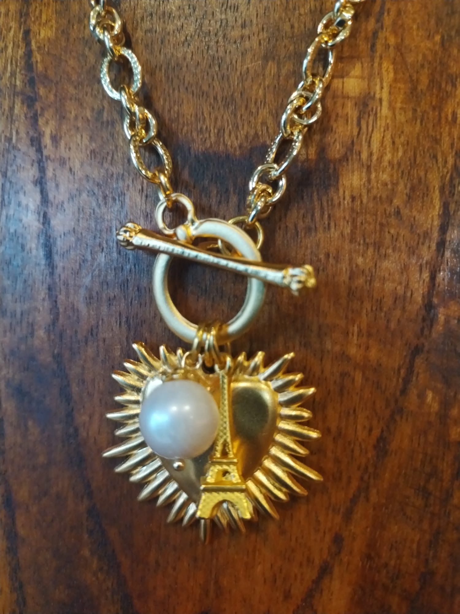 Gold Chain Necklace with Swan, Heart and Pearl Charms 44cm