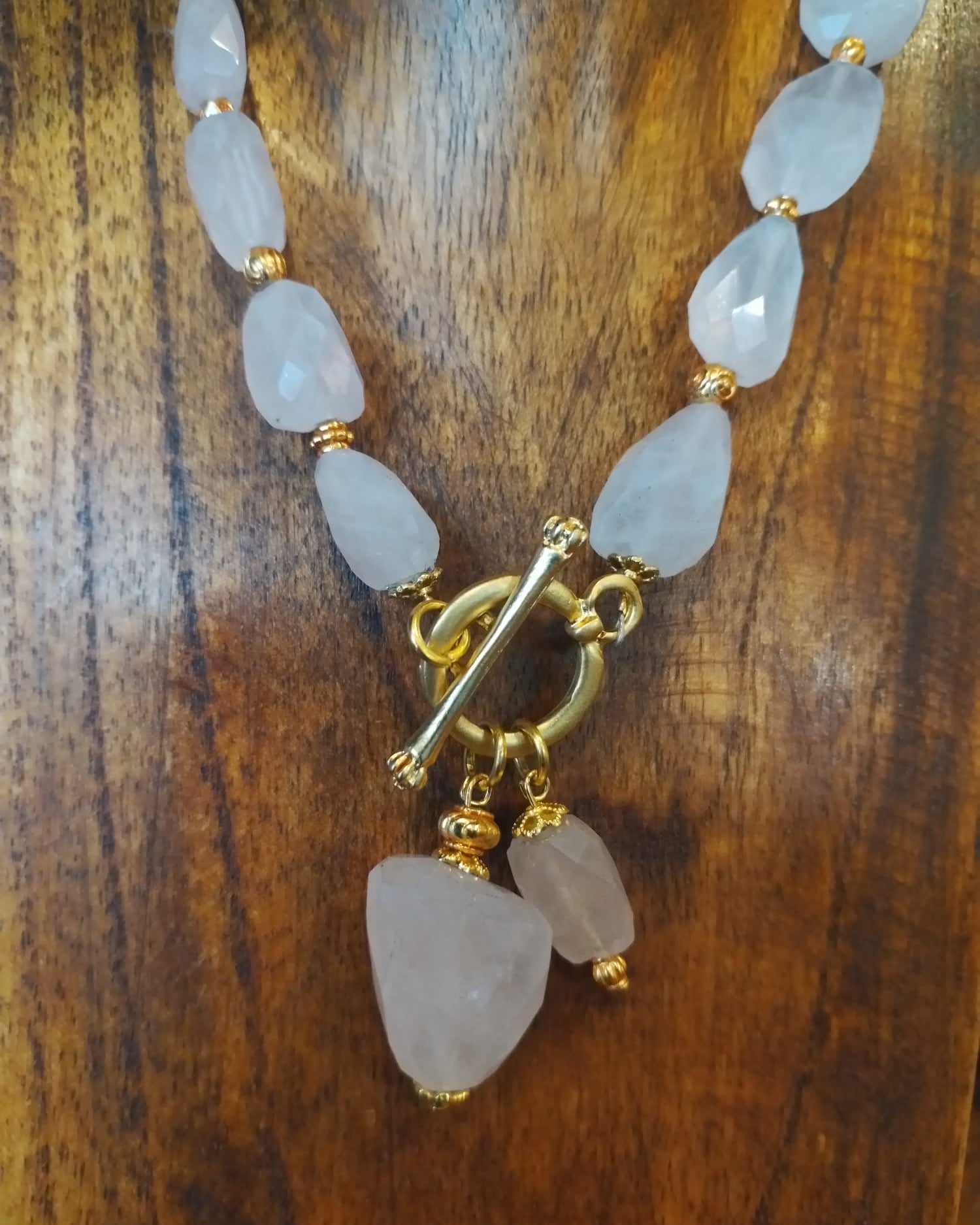 Rose Quartz Necklace with Gold Details 44cm